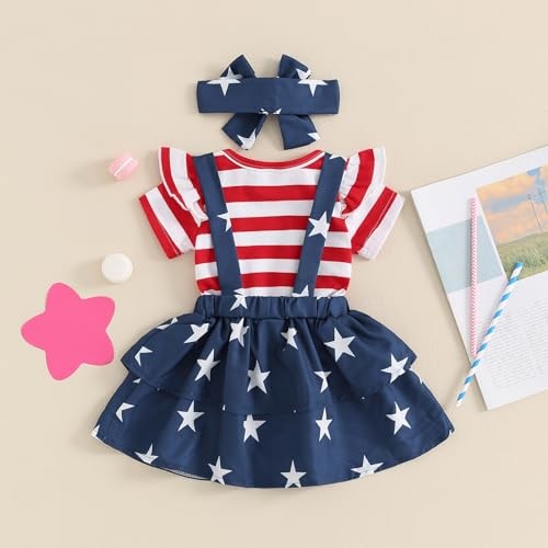 Baby Girl 4th Of July Outfit 3-6 Months Red Striped Star Suspender Dress