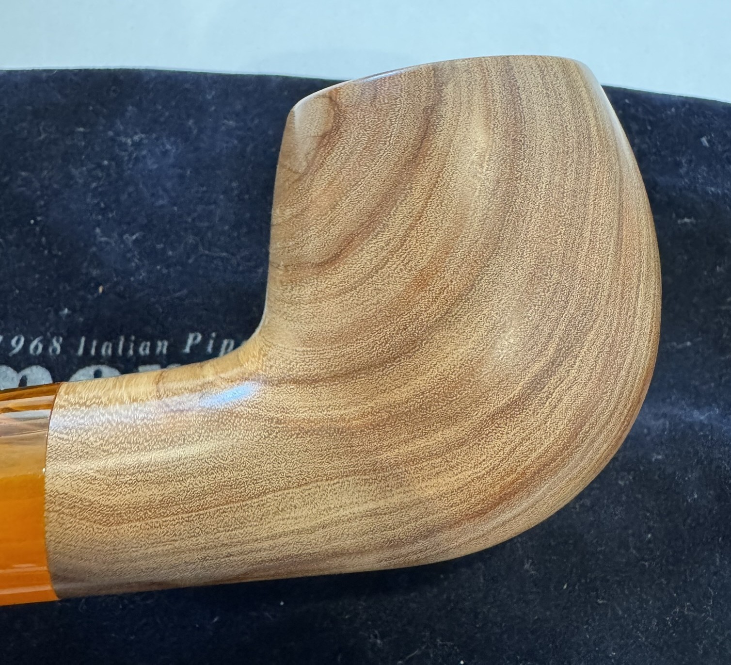 Moretti Bent Freehand Olive Wood Estate Pipe Orange Stem Italy Handmade Pouch
