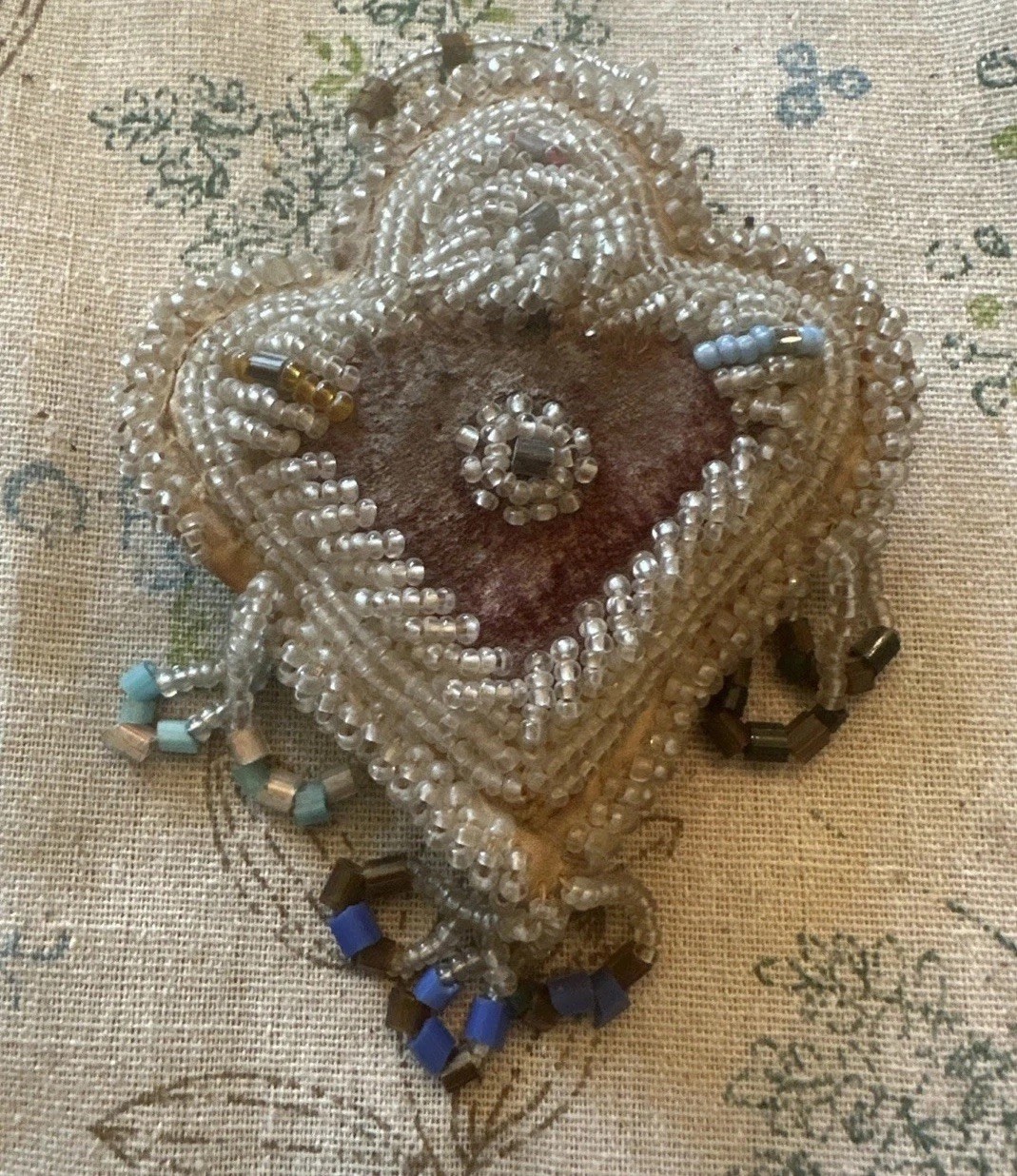Vintage Folk Art Beaded Whimsy Native American Beadwork Heart Pin Cushion
