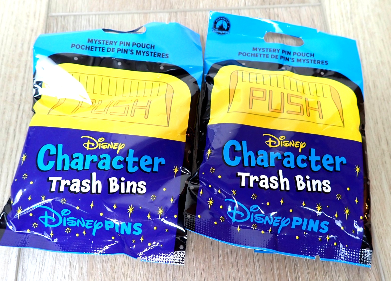 2 NEW SEALED DISNEY CHARACTER TRASH BINS MYSTERY PIN POUCH SET BAG 10 TRADING