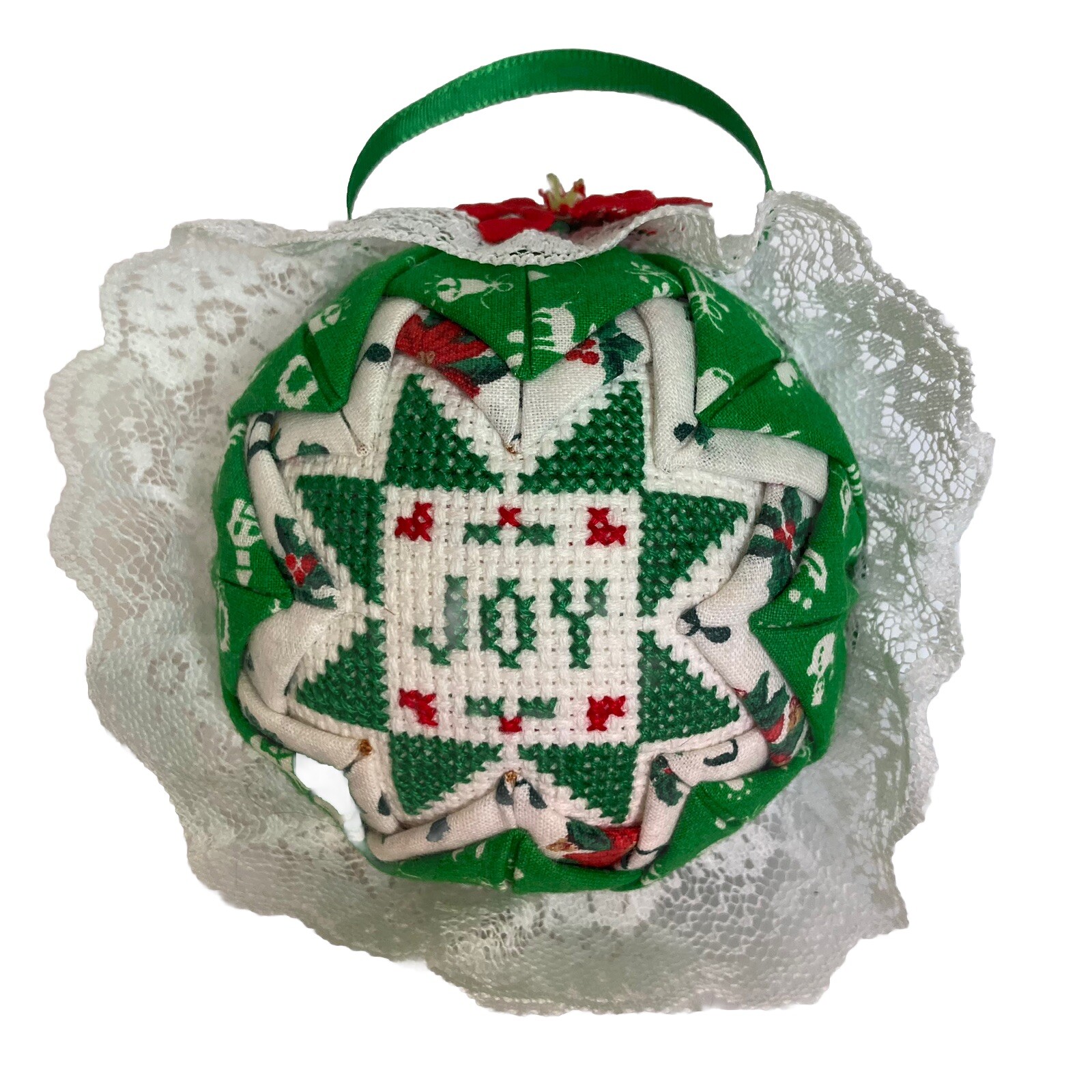 Vtg Hand Crafted Quilted Folded Star 4” Ball Christmas Tree Ornament Joy Lace