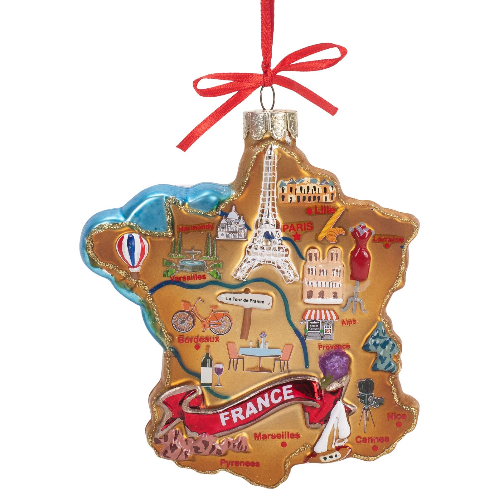 Kurt Adler Highlights of France Map Glass Ornament 4 3/4″