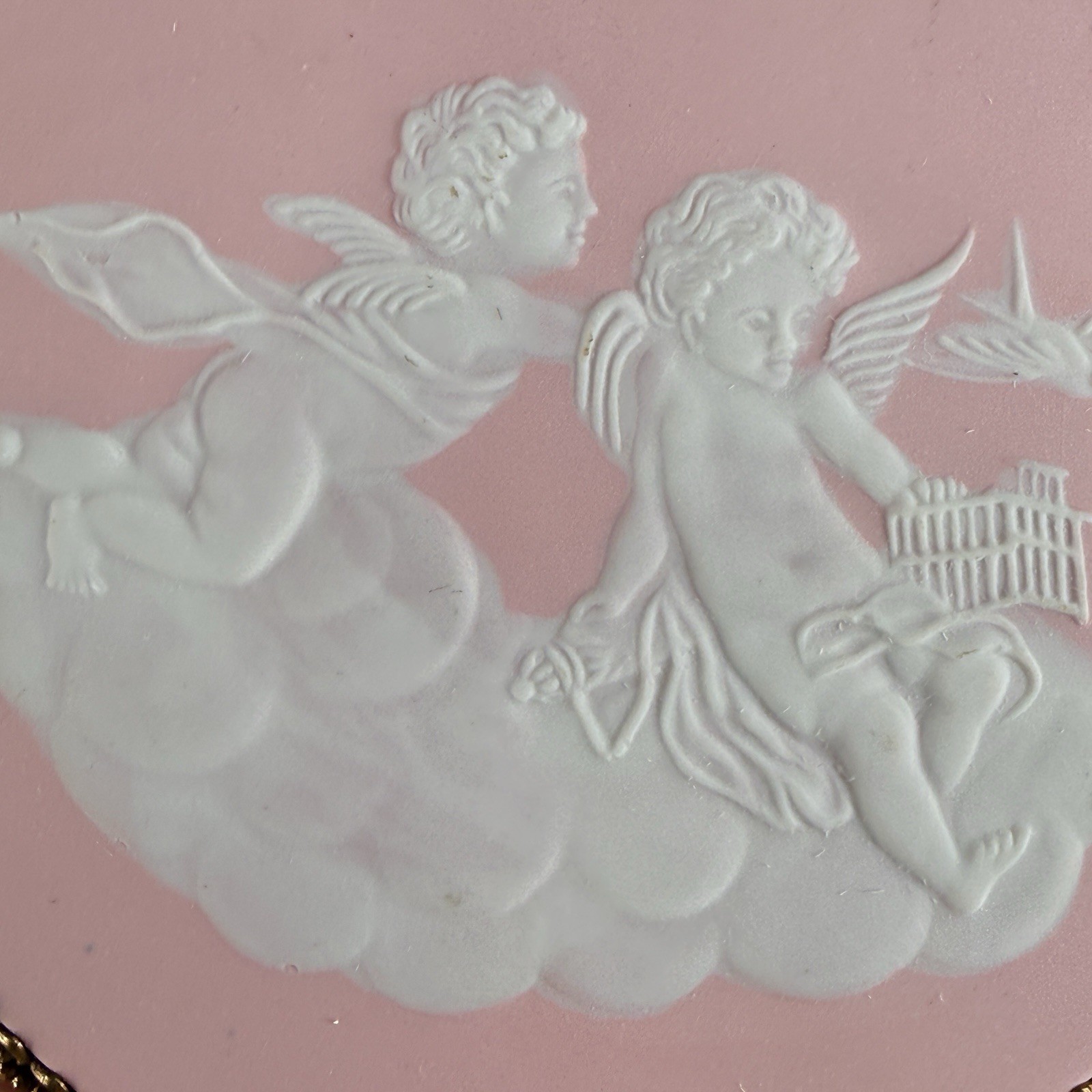 Pair Pink White Jasperware Plaques Putti Cherub Angels Framed Round 5.5″