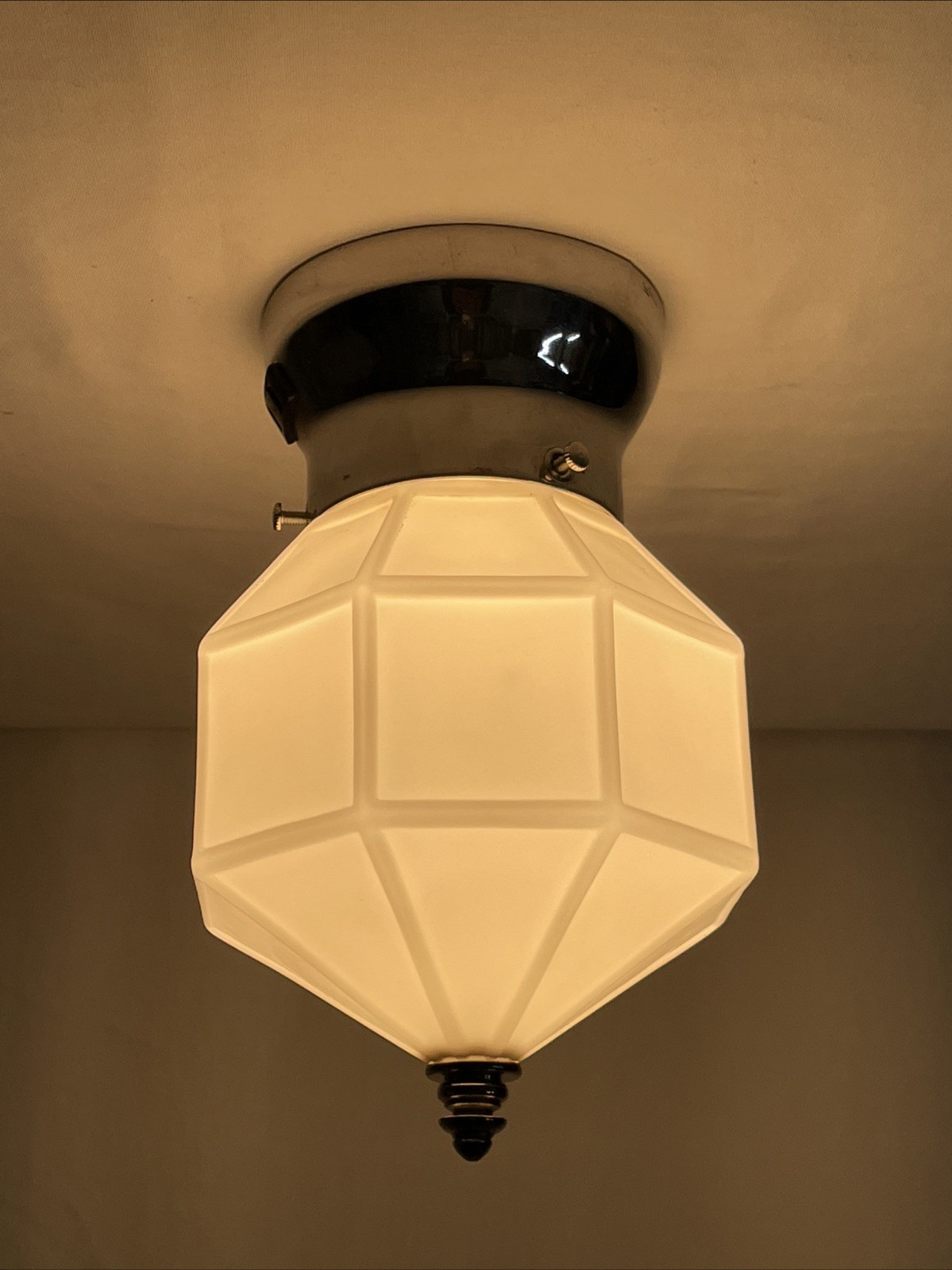 RESTORED Antique Vtg Art Deco MCM Flush Mount Ceiling Light White Glass Octagon