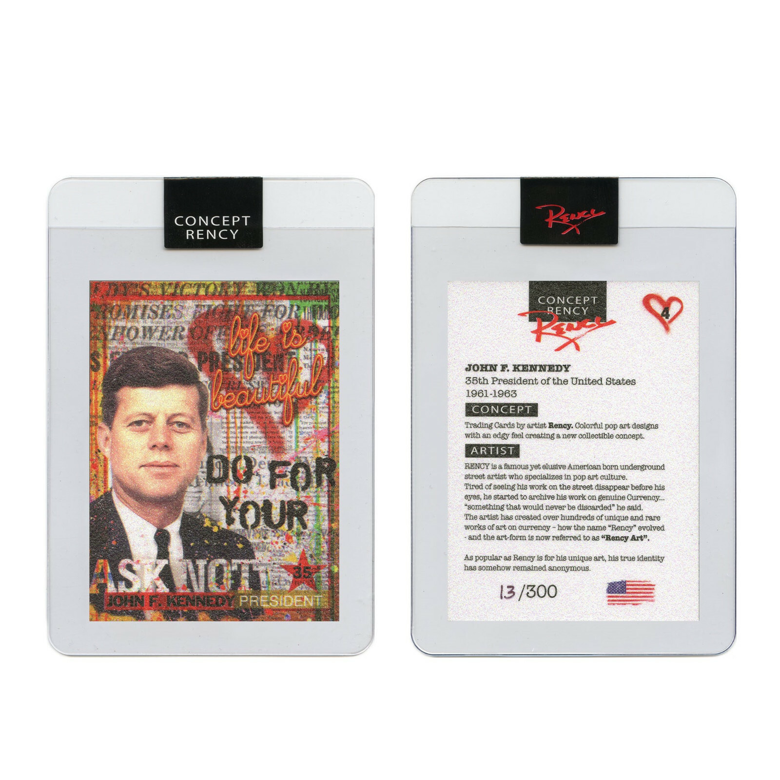 JOHN F KENNEDY President Pop Art DIAMOND DUST Trading Card by Rency Art # of 300