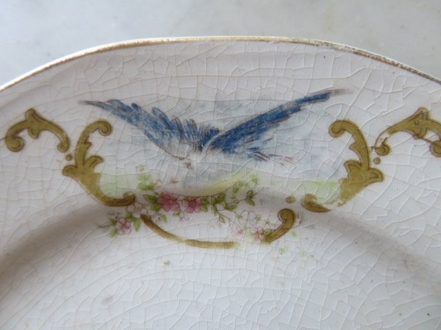 2 Old Vintage WHITE STAINED CRAZED PLATES Blue Birds Pink Flowers BEAUTIFUL!