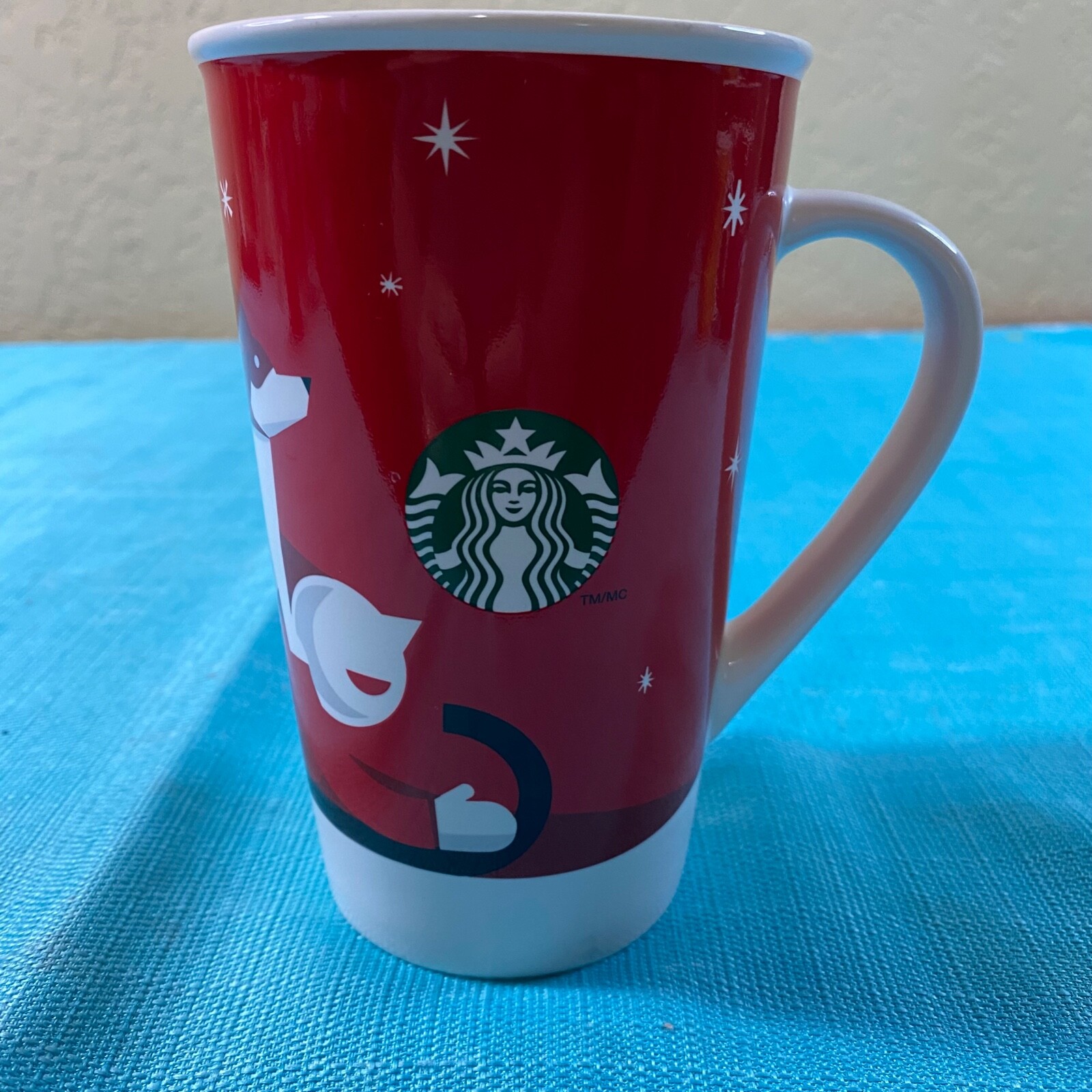 Starbucks 2011 Winter Coffee Tea Cup Mug Ceramic Tall 16 oz Green Logo Red White