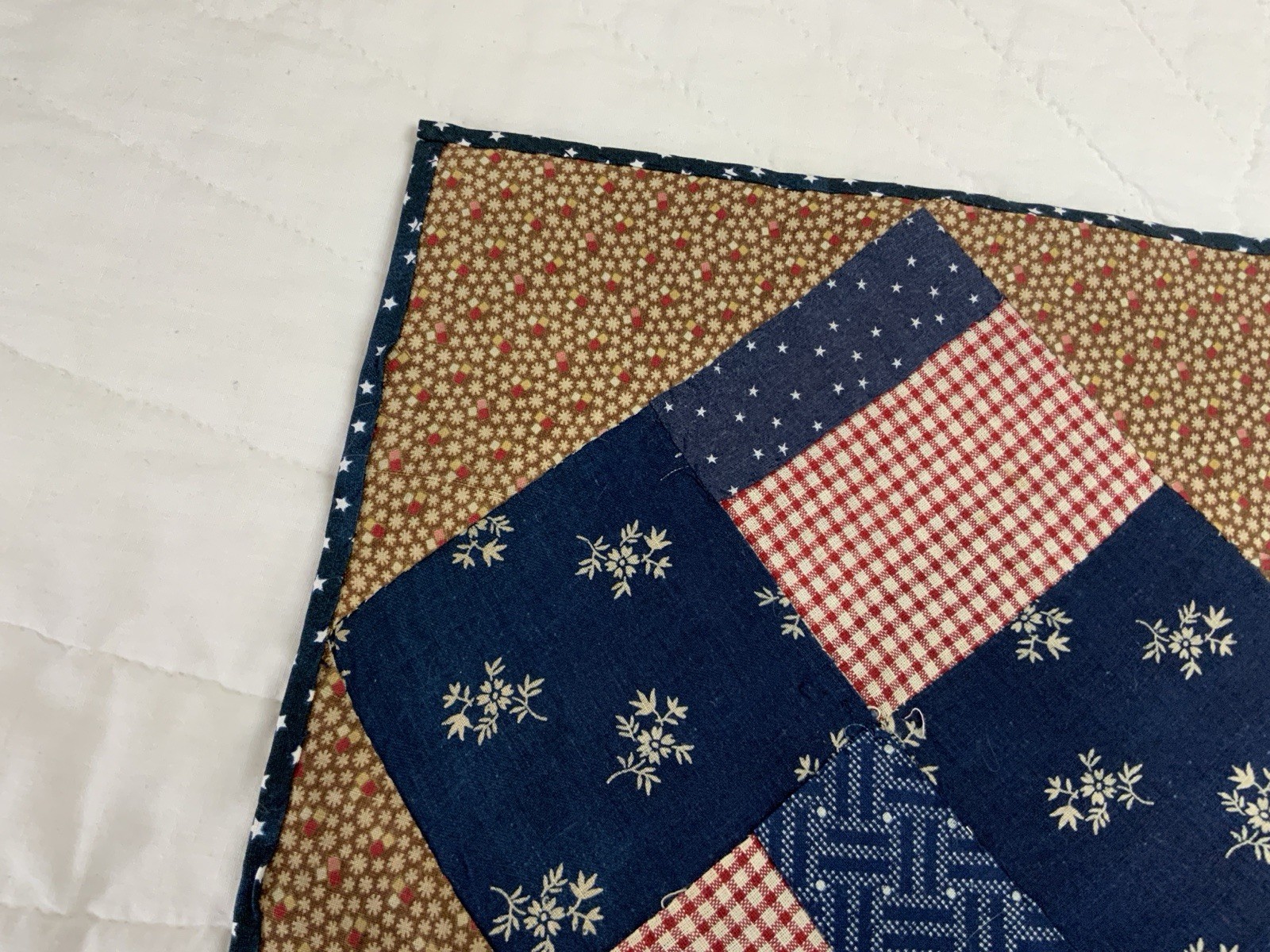 Antique Patchwork Quilt Table Topper, Four Patch, Early Calicos, Brown, Navy