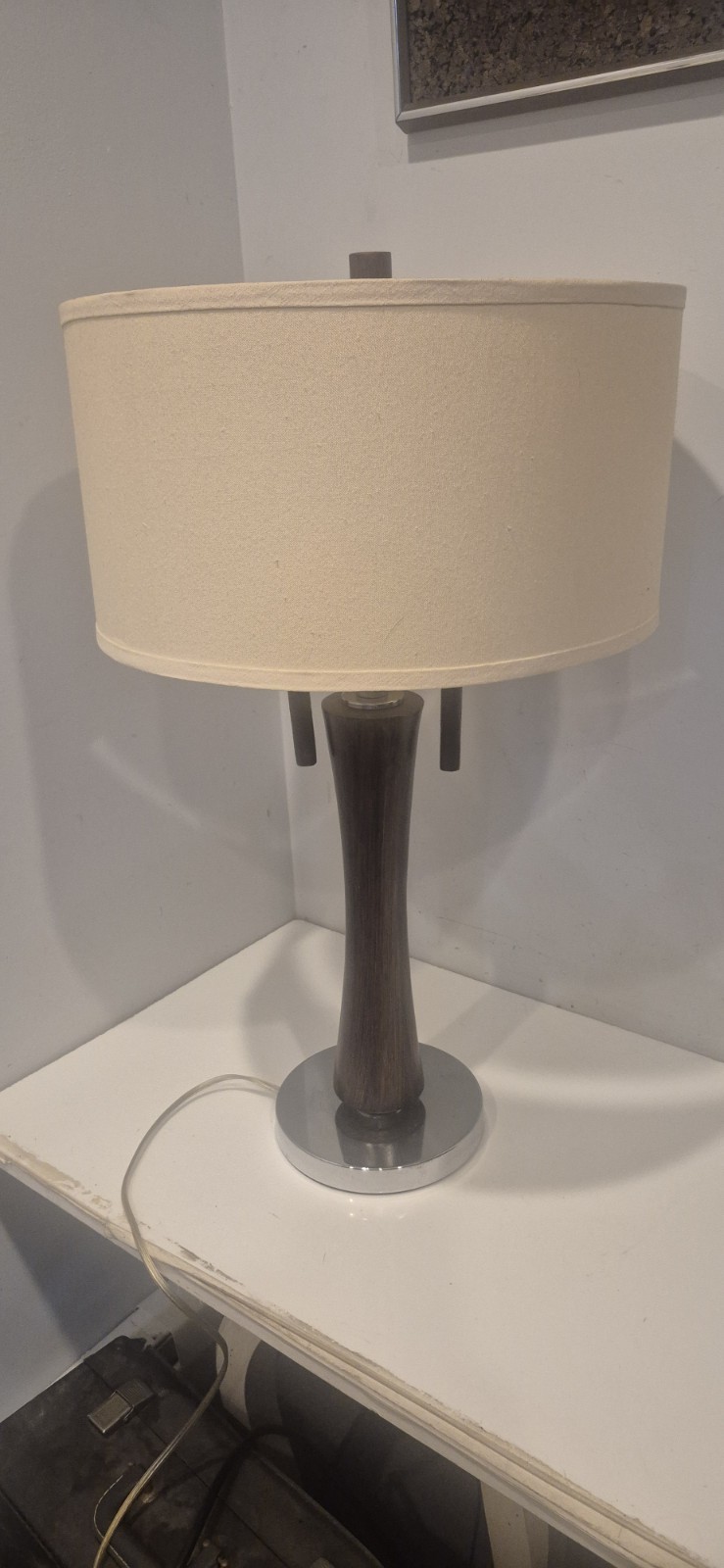Vintage Mid Century Modern Style Faux Teak Table Lamp Chrome Base