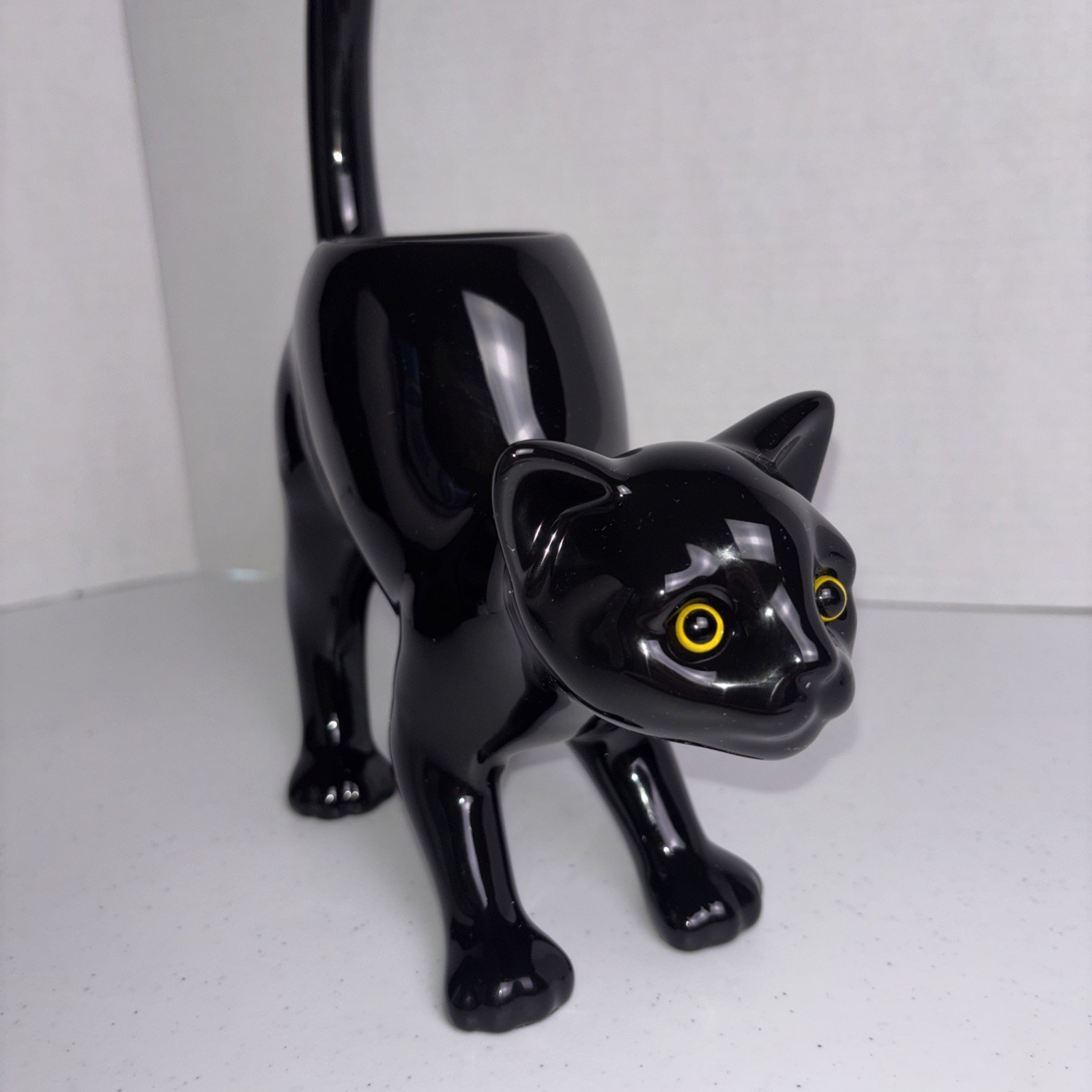PartyLite Glossy Black Cat w/Yellow Eyes Tealight Candle Holder Halloween Witchy