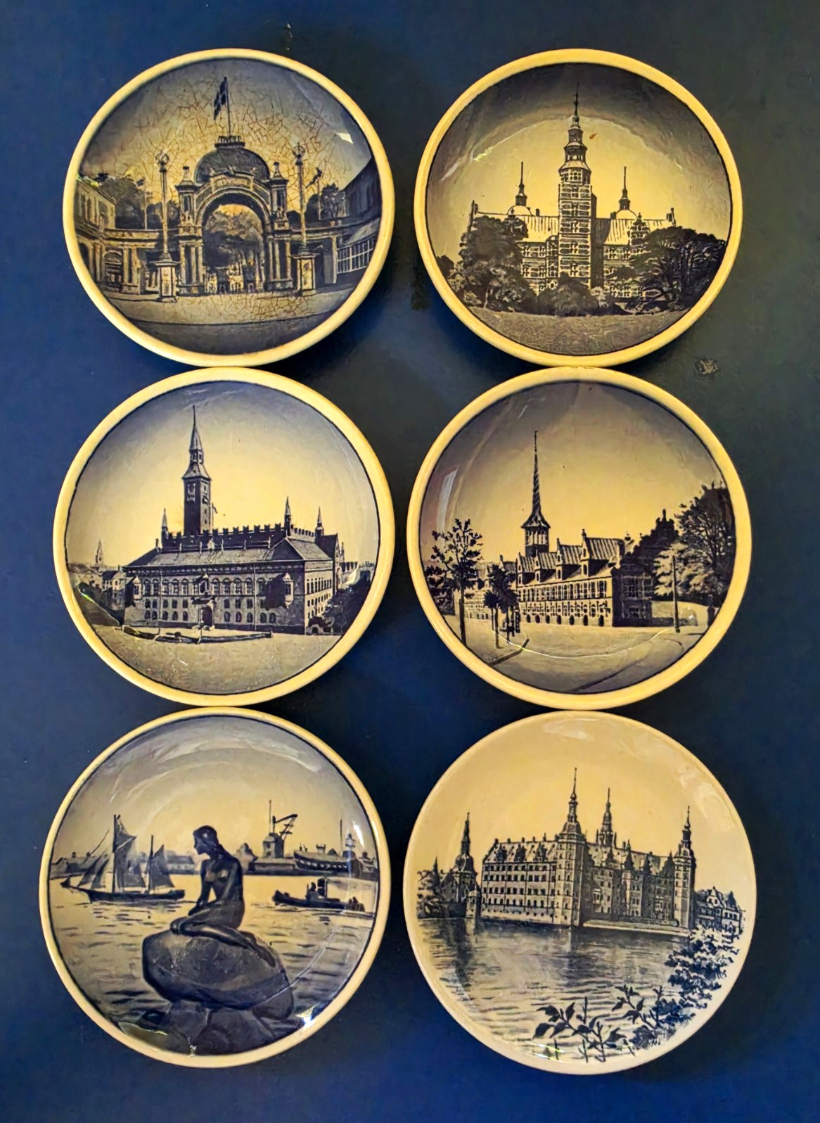 Denmark Blue & White Ceramic Cityscape Collector Plates Set of 6, 4.25 in