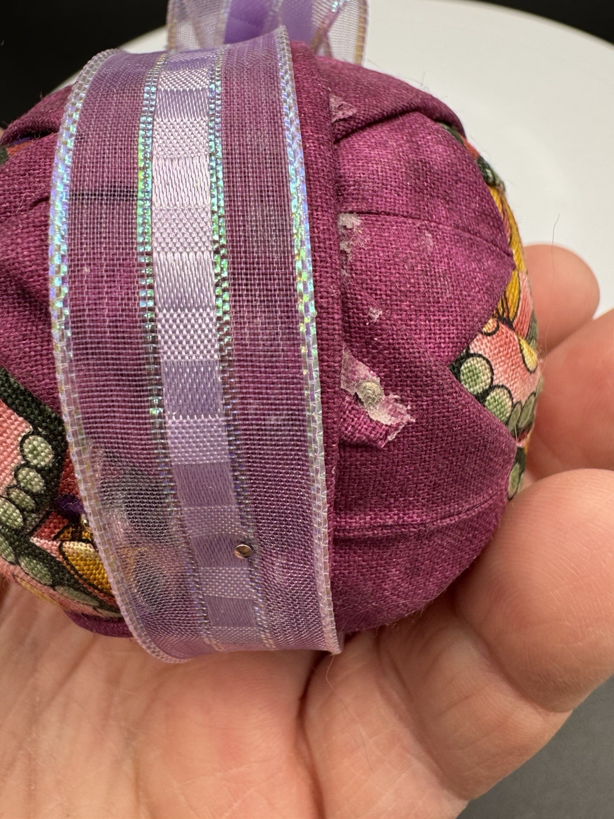 Vintage Handmade Quilted Star w Ribbon Round Ball Christmas Ornament