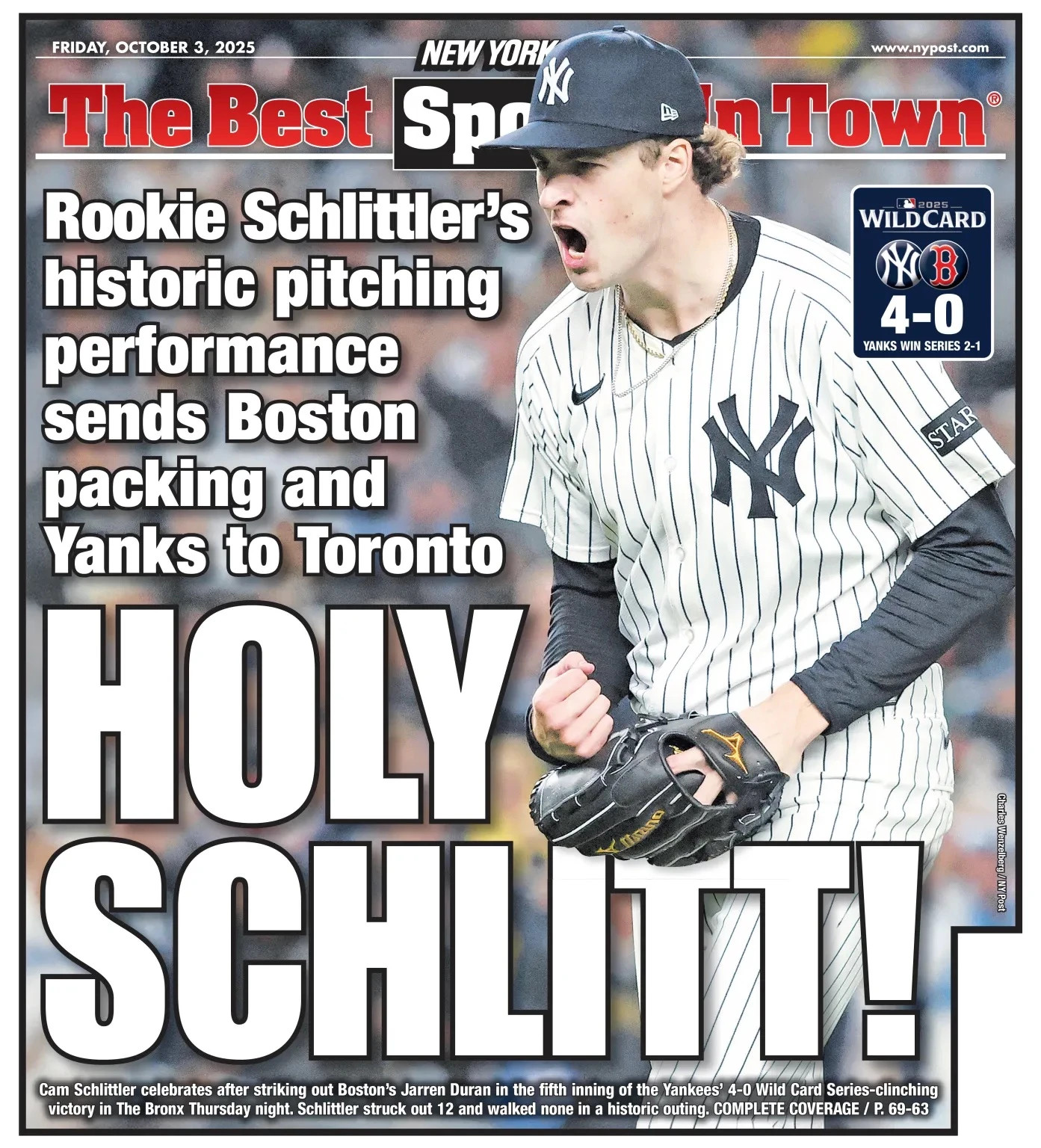 Cam Schlittler New York Yankees Rookie Holy Schlitt! Rocks Sox NY Post 10/2 2025
