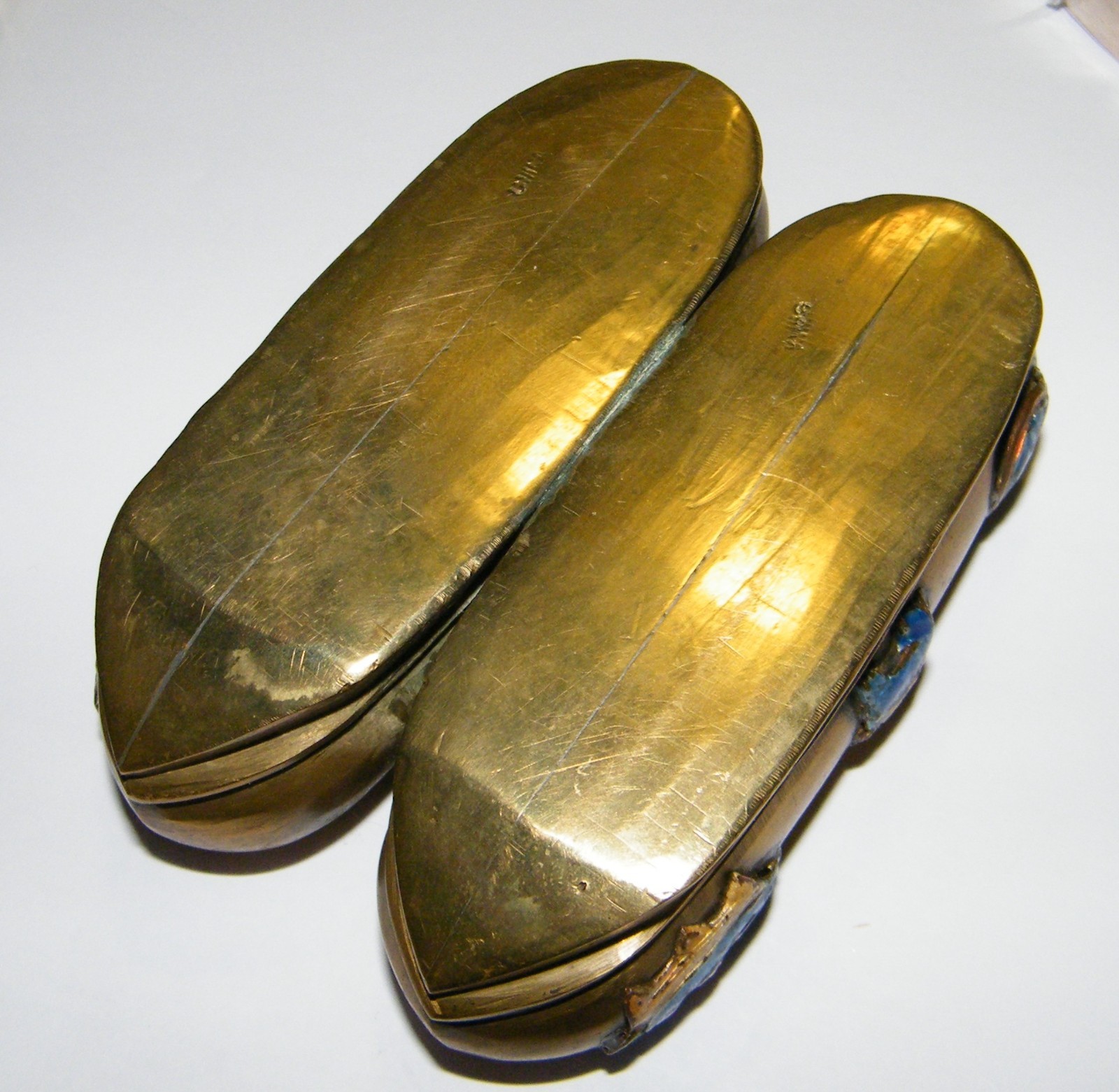 Vintage Solid Brass Double Ashtray designed as Chinese Shoes w. Enamel Accents