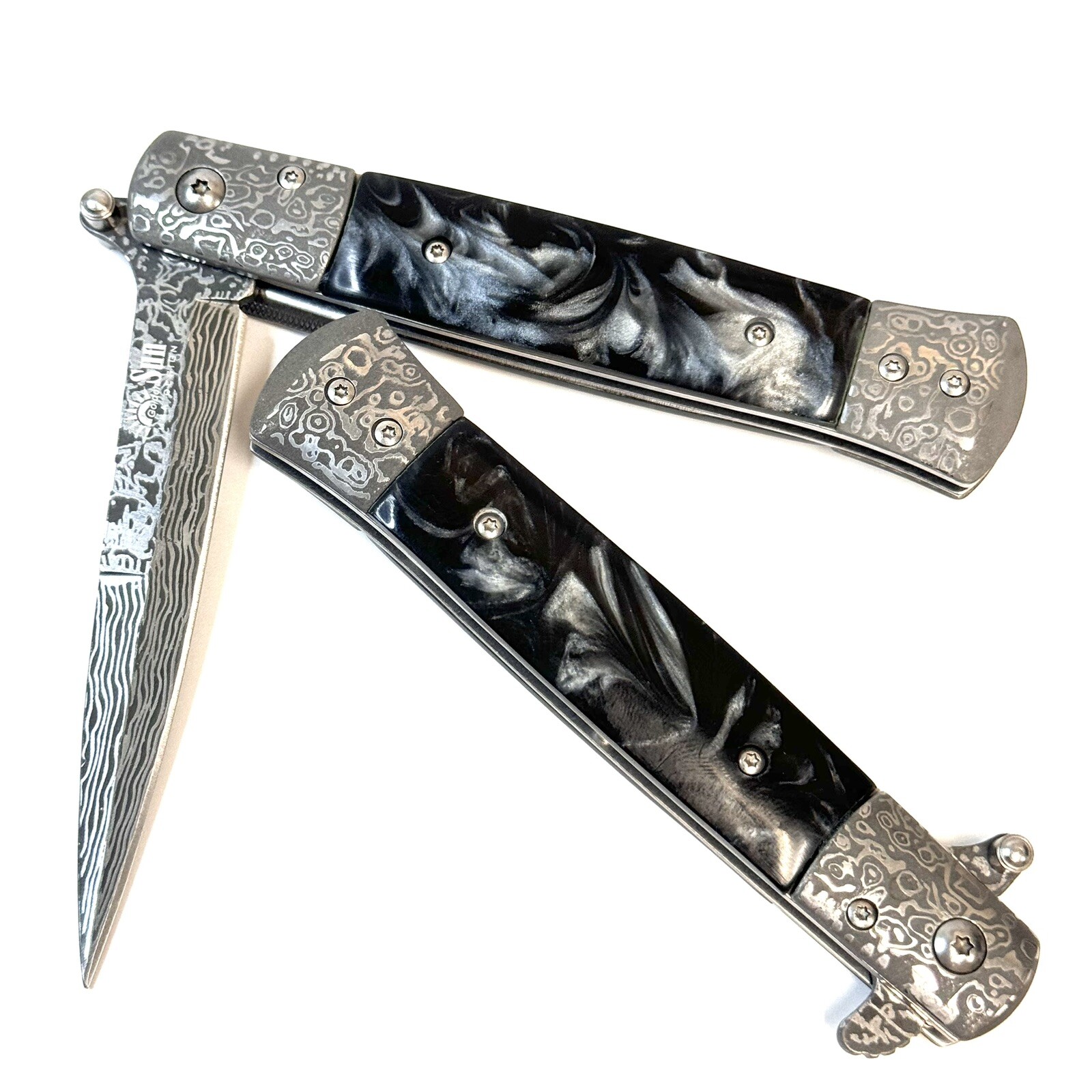 9″ Milano Damascus Like Spring Assisted Open marble black Folding Pocket Knife