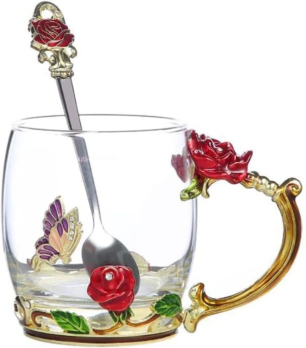 Crystal Glass 3D Flower Cups Tea Mug With Spoon (Hand Wash Only)6″W x 5″H