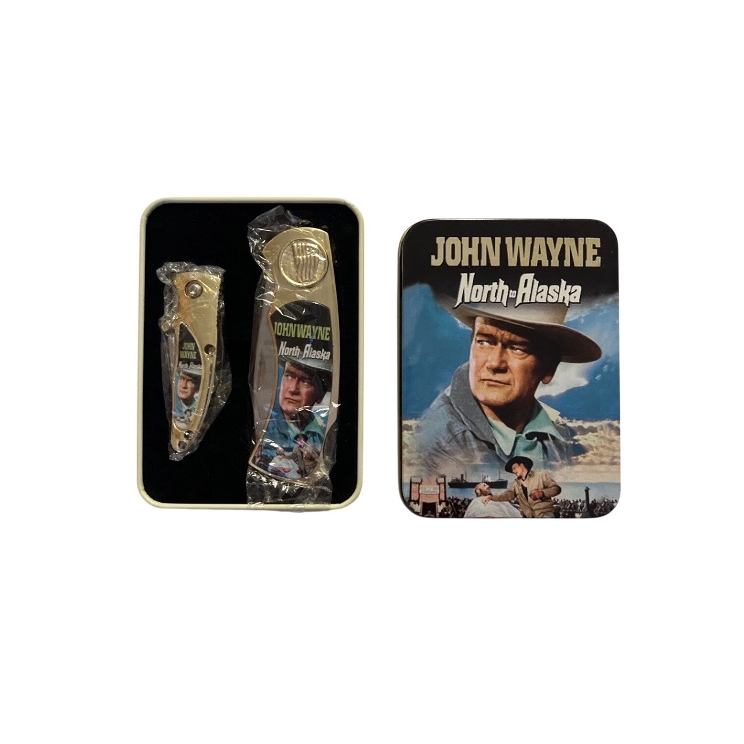 John Wayne North Alaska Collectible Pocket Knife Set Gold Tin Case