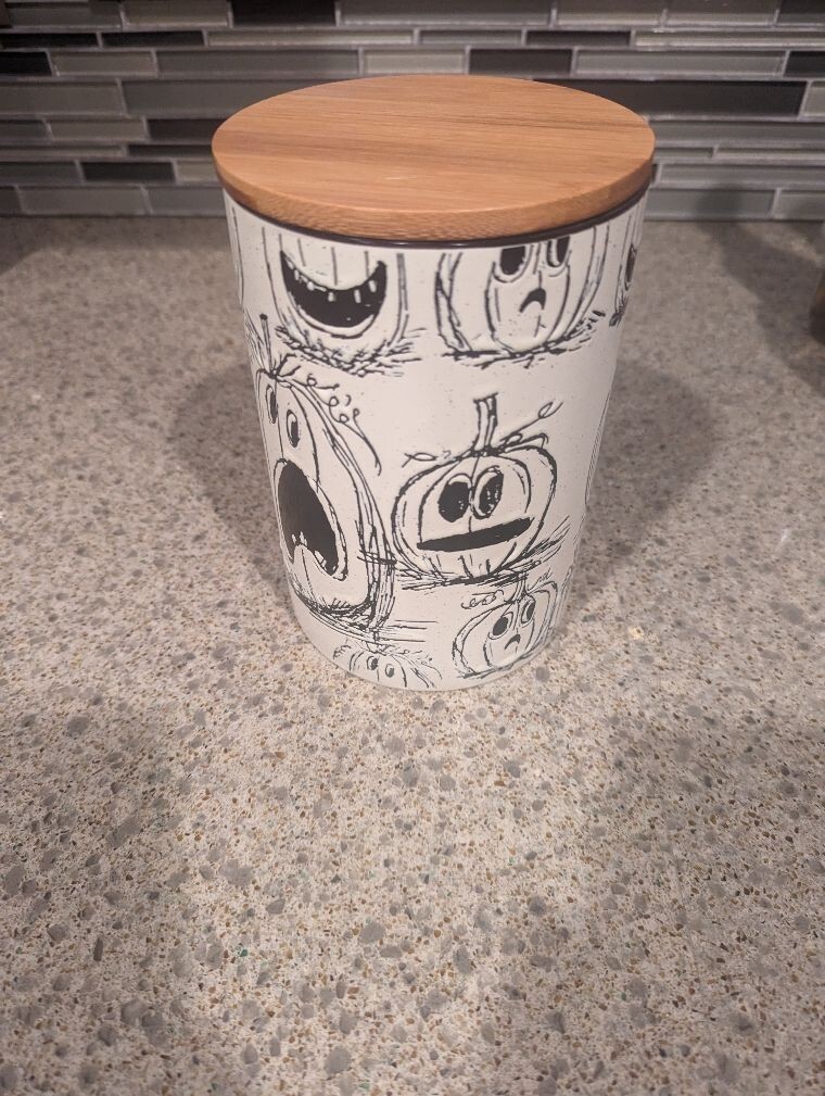 Eli + Ana Ceramic Pumpkin Jack O’Lantern Faces Canister Wood Lid Halloween NEW