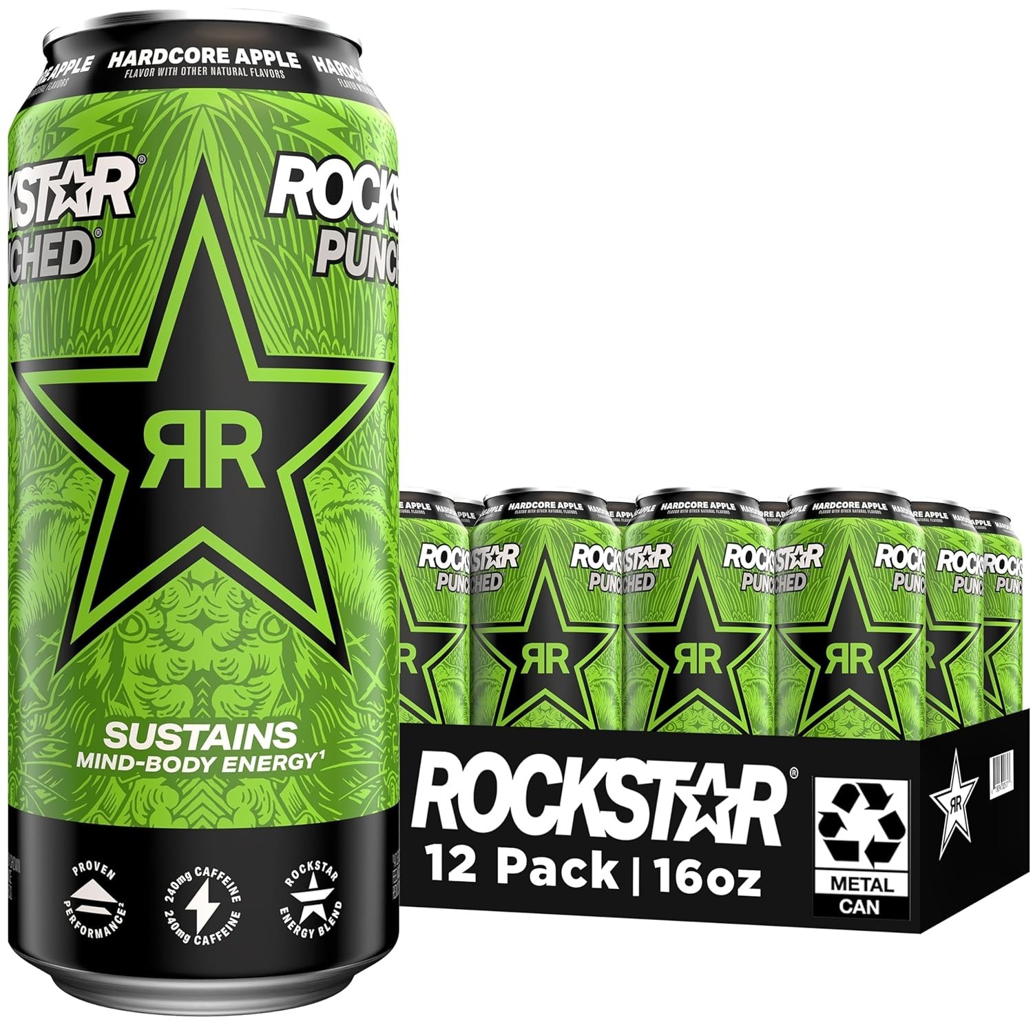 Rockstar Energy Drink Punched Hardcore Apple, 16Oz Cans (12 Pack)