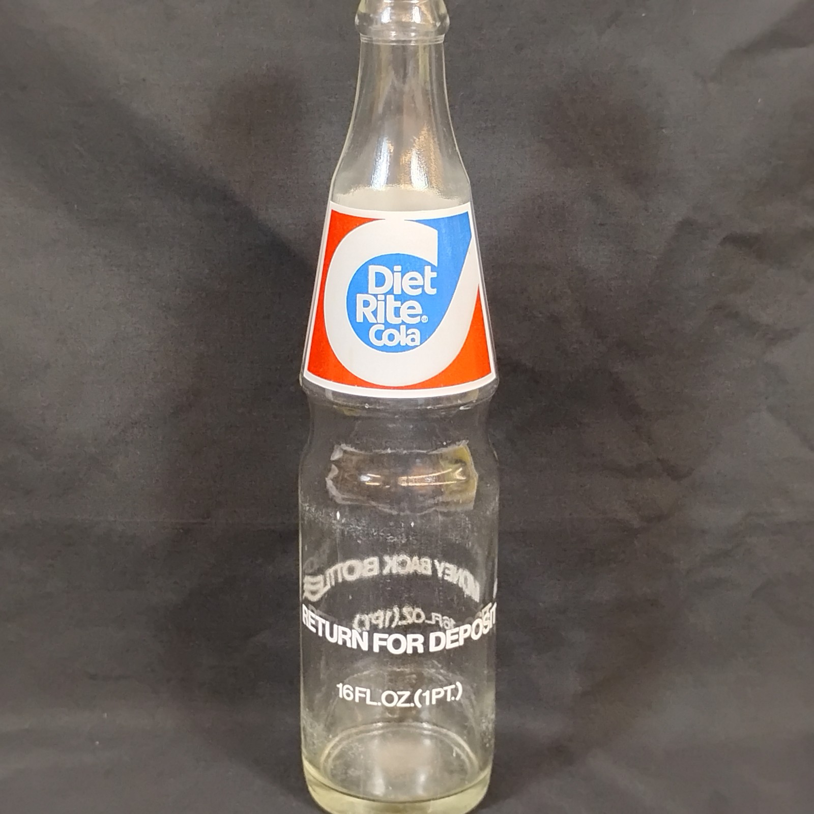 Vintage Diet Rite Cola 16oz Money Back Bottle RC Royal Crown Soda 1970s