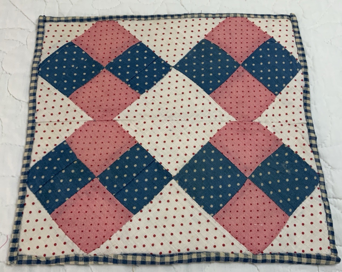 Vintage/Antique Patchwork Quilt Table Topper, Four Patch, Pink, Blue, Dots