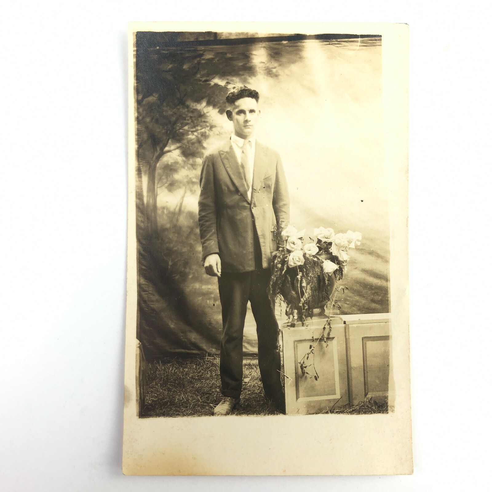 RPPC Real Photo Postcard Antique VTG Portrait Young Man Outdoor Studio c1901-07