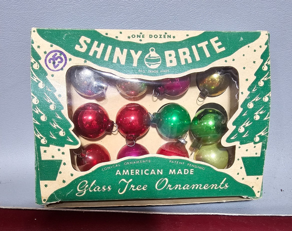 Vtg Lot 12 Shiny Brite Christmas Ornaments 1 1/4″ Balls Cool Box!!!