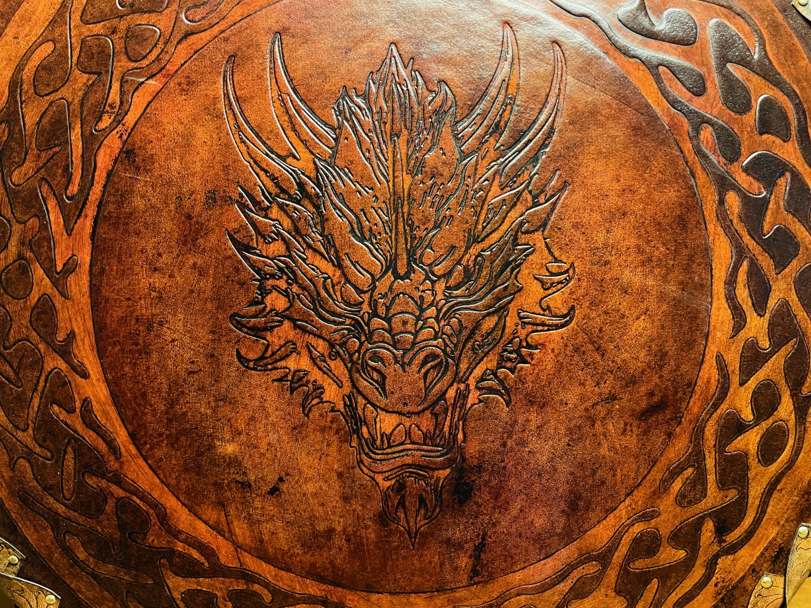 Leather Dragon Shield | Handmade Leather Covered Dragon Viking Shield