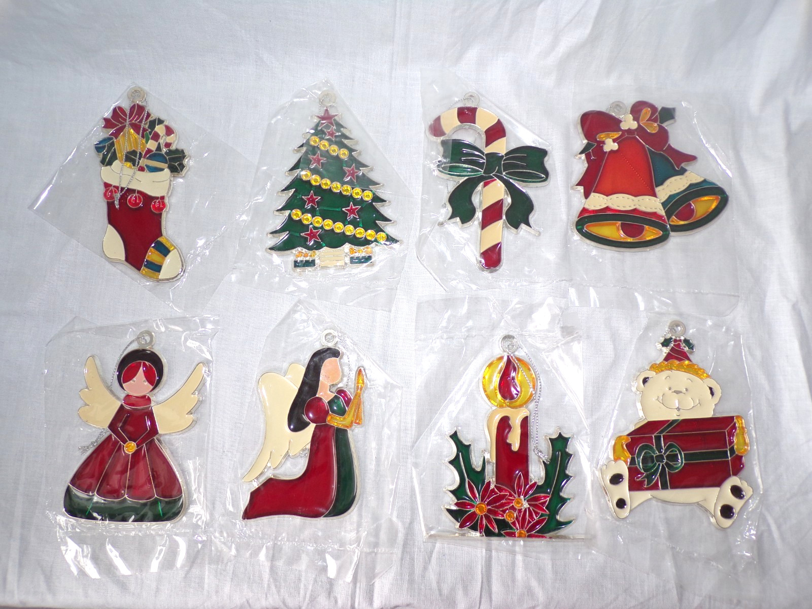 Lot 8 Stained Glass Plastic Sun Catchers Christmas Ornaments Angel Bells Bear