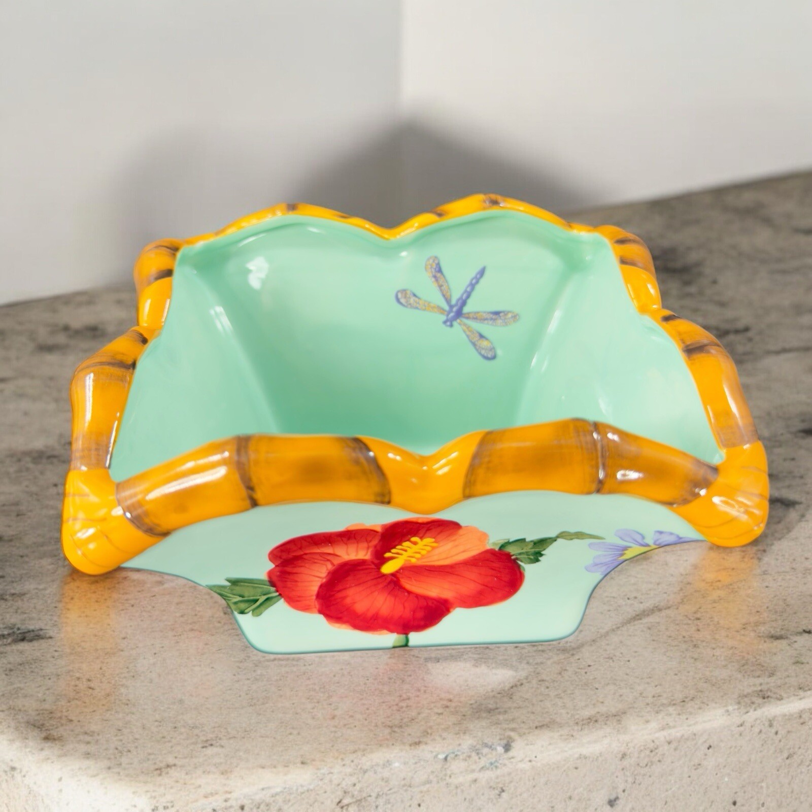 Silvestri Decoupage Peggy Turchette Blue Firefly Floral Bowl Planter Ceramic VTG