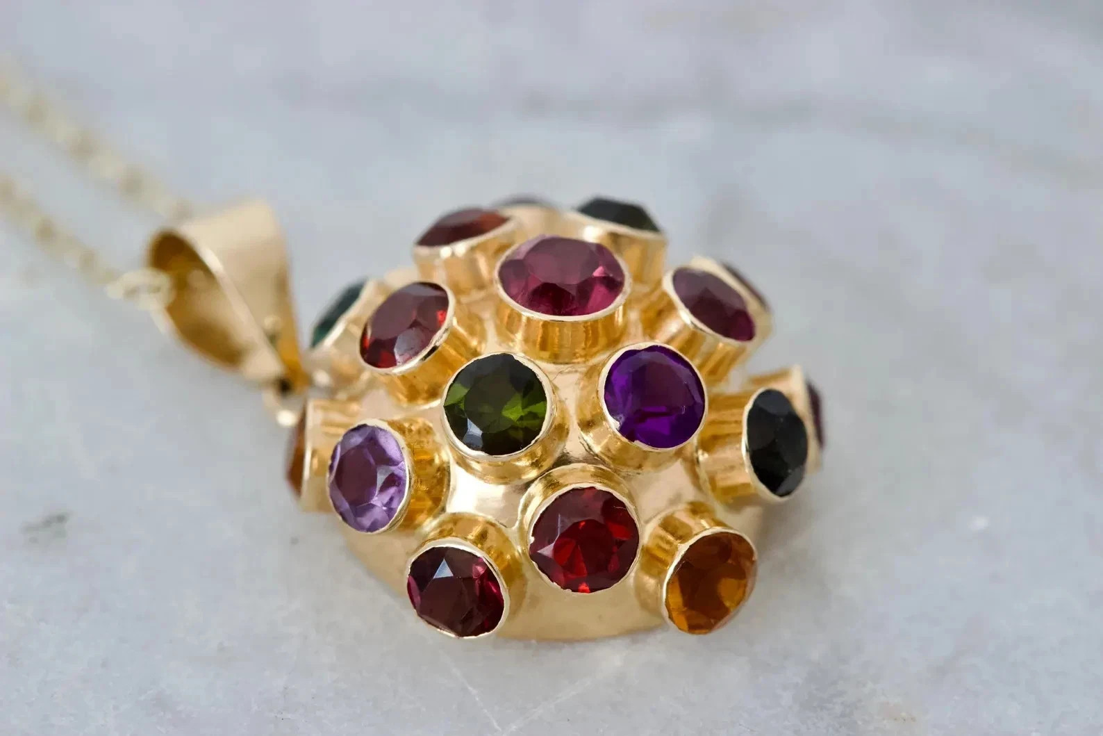 Estate Sputnik Bezel Set Multi-Gemstone Necklace Pendant 18K Yellow Gold Plated