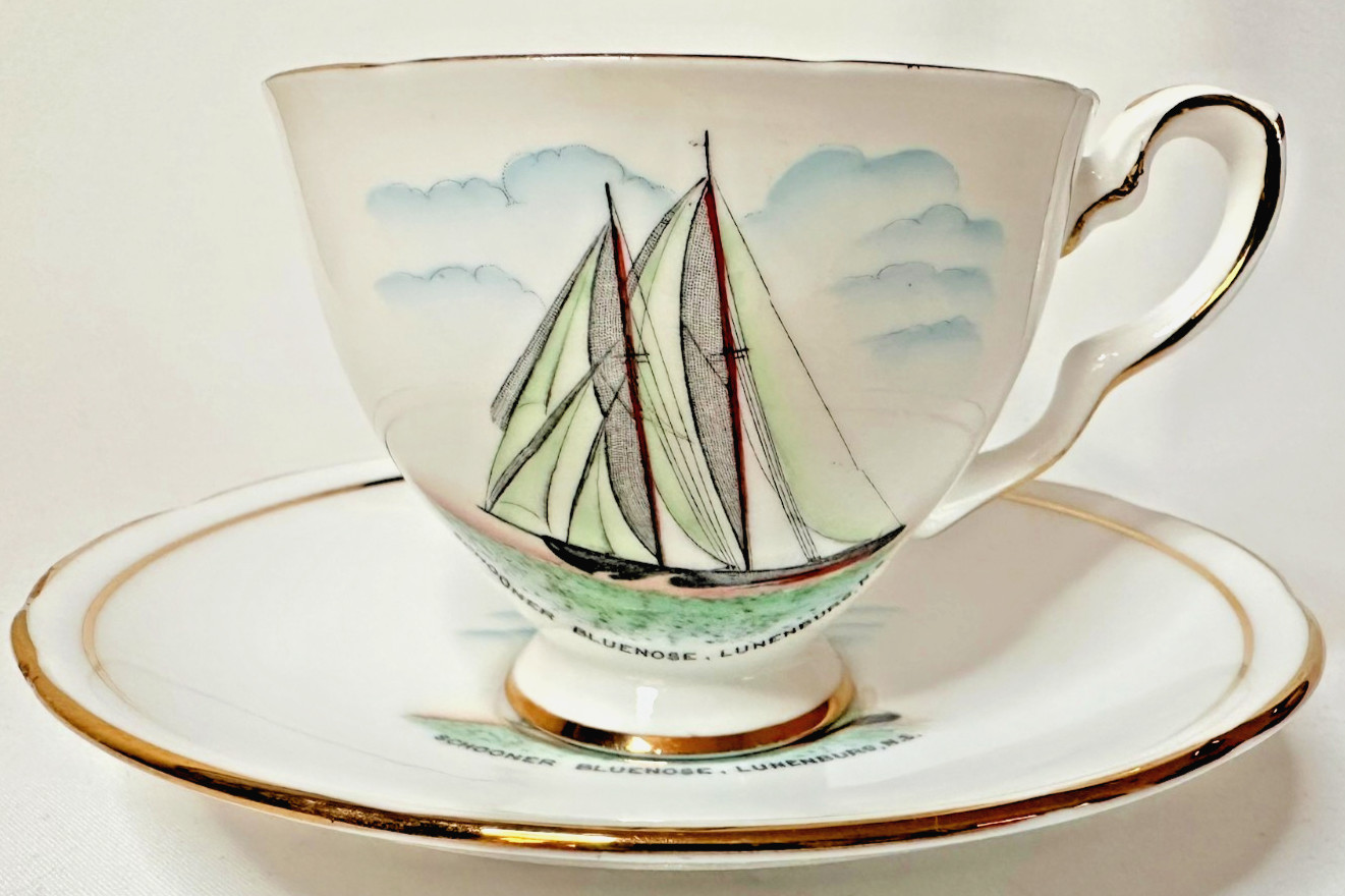 Royal Stafford Bone China Teacup Saucer Schooner Bluenose Nova Scotia Gold Trim