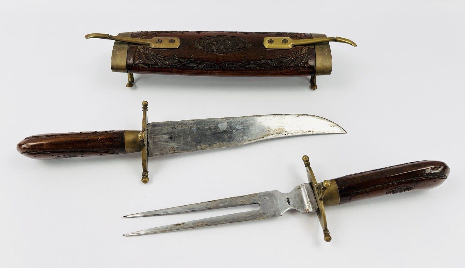 Vintage India Carving Set – Hand Carved Wood & Brass – 3 Piece with Sheath Stand