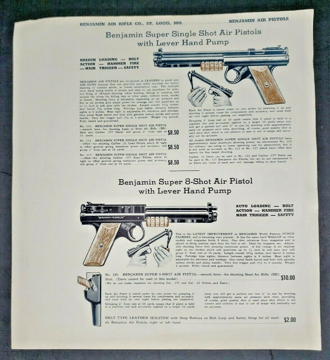 1940’s Benjamin Air Rifle Co St. Louis Mo. Super Single Shot Air Rifle Print Ad