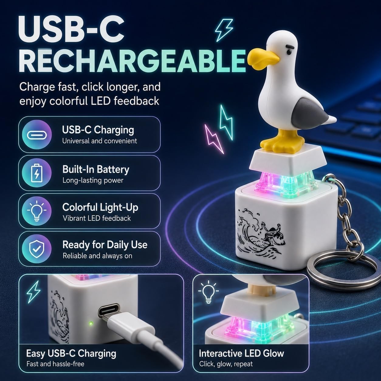 Seagull Mine Button Keychain, Seagull Mine Button, Rechargeable Fidget Clicker
