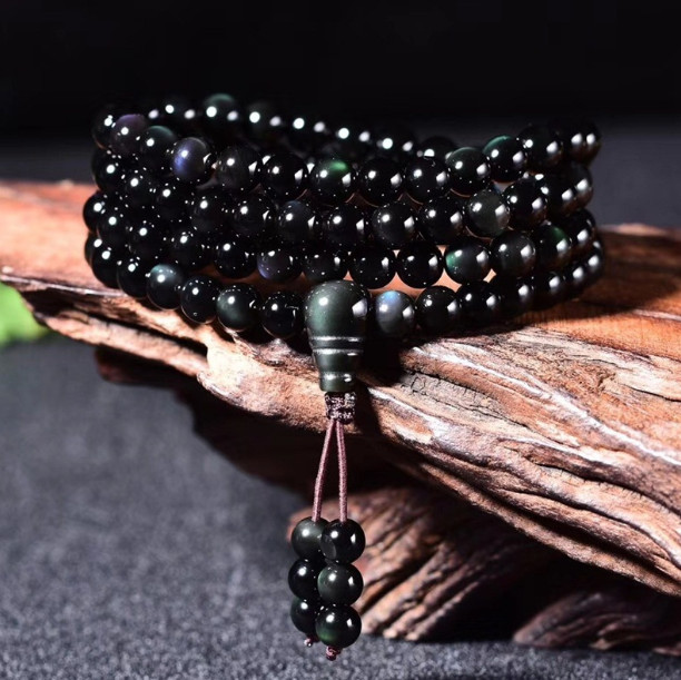Obsidian 108 Mala Beads Bracelet Natural Rainbow Eye Stone Wrap Necklace