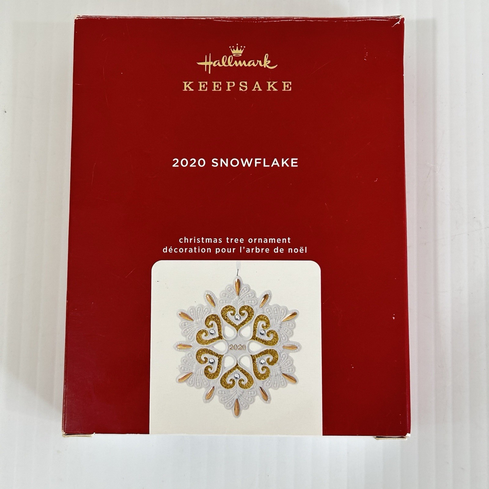 2020 Hallmark Annual SNOWFLAKE Porcelain Ornament White Gold Rhinestones