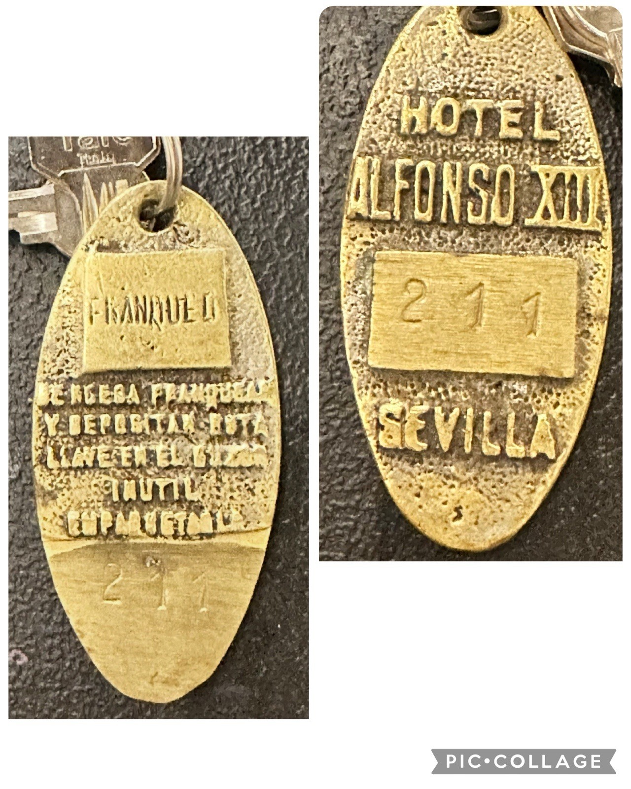 Hotel Alfonso XIII Sevilla Seville, Spain Chunky Brass Hotel Room Key #211