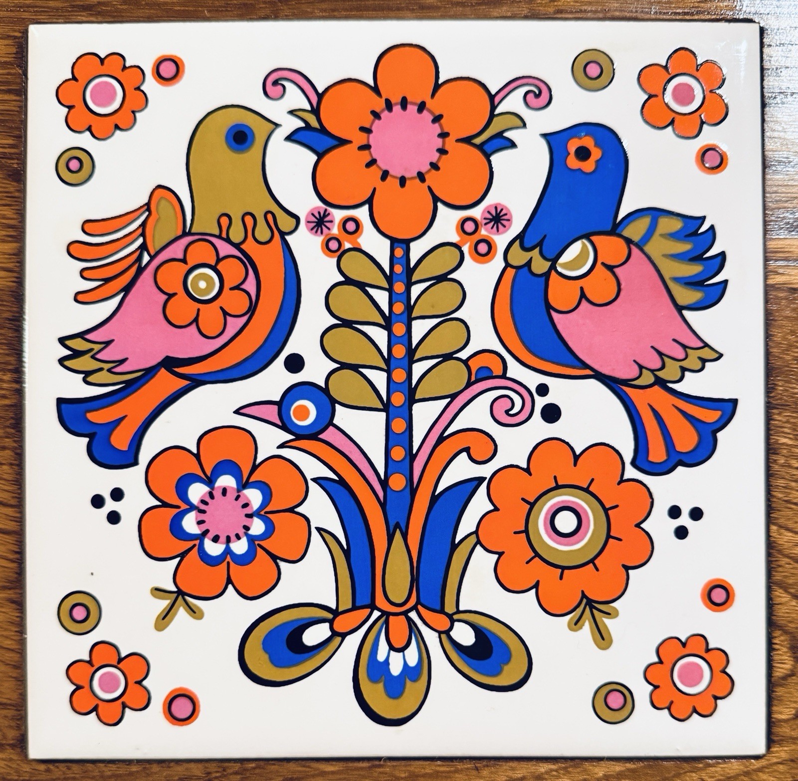 VTG Tri Fold Ceramic Tile Charcuterie Board Japan Folk Art Bird Tray 1970s