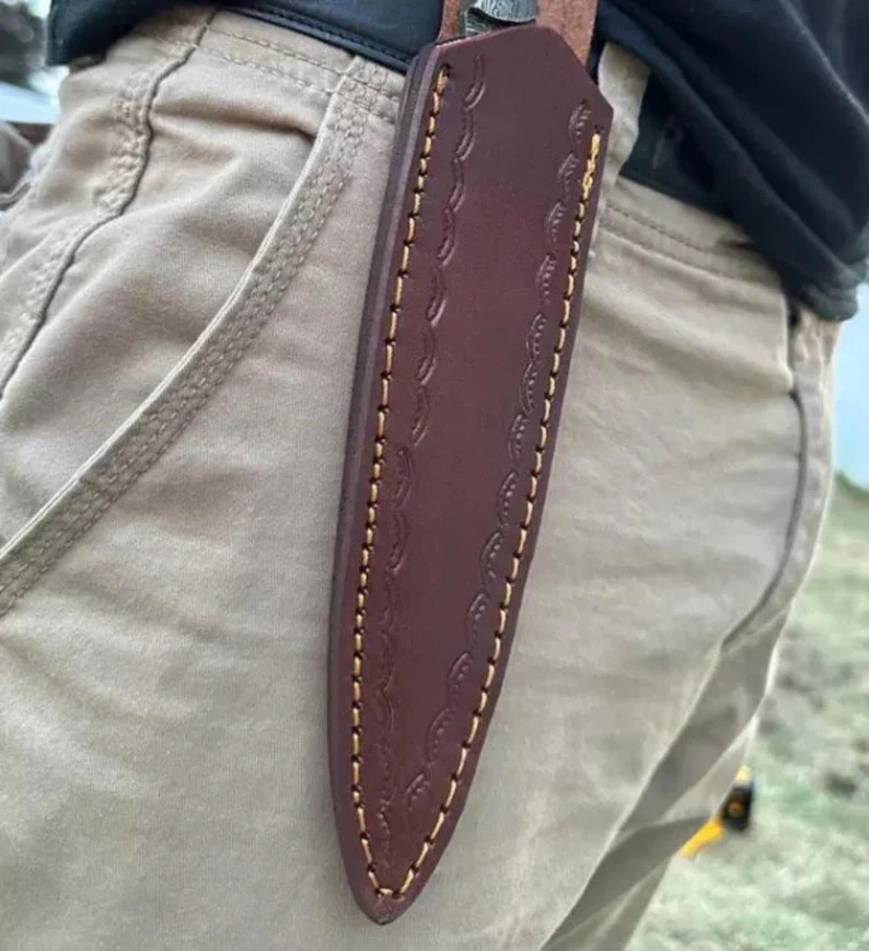 Damascus Double Edged Fix Blade Slick Tooth Pick Boot Knife Camel Bone Handle