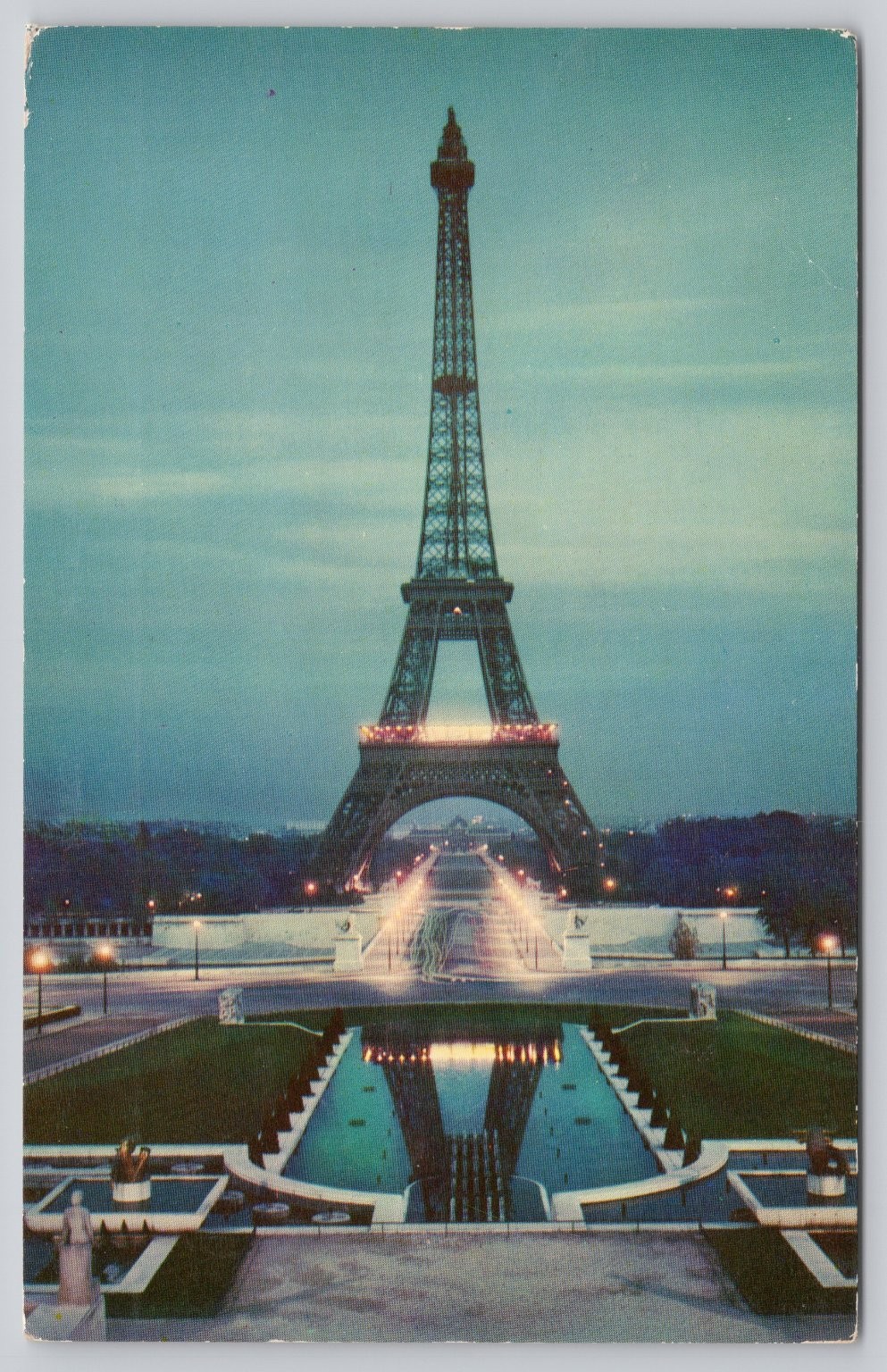Vintage Eiffel Tower Paris France Postcard – Night View, Mailed 1960s