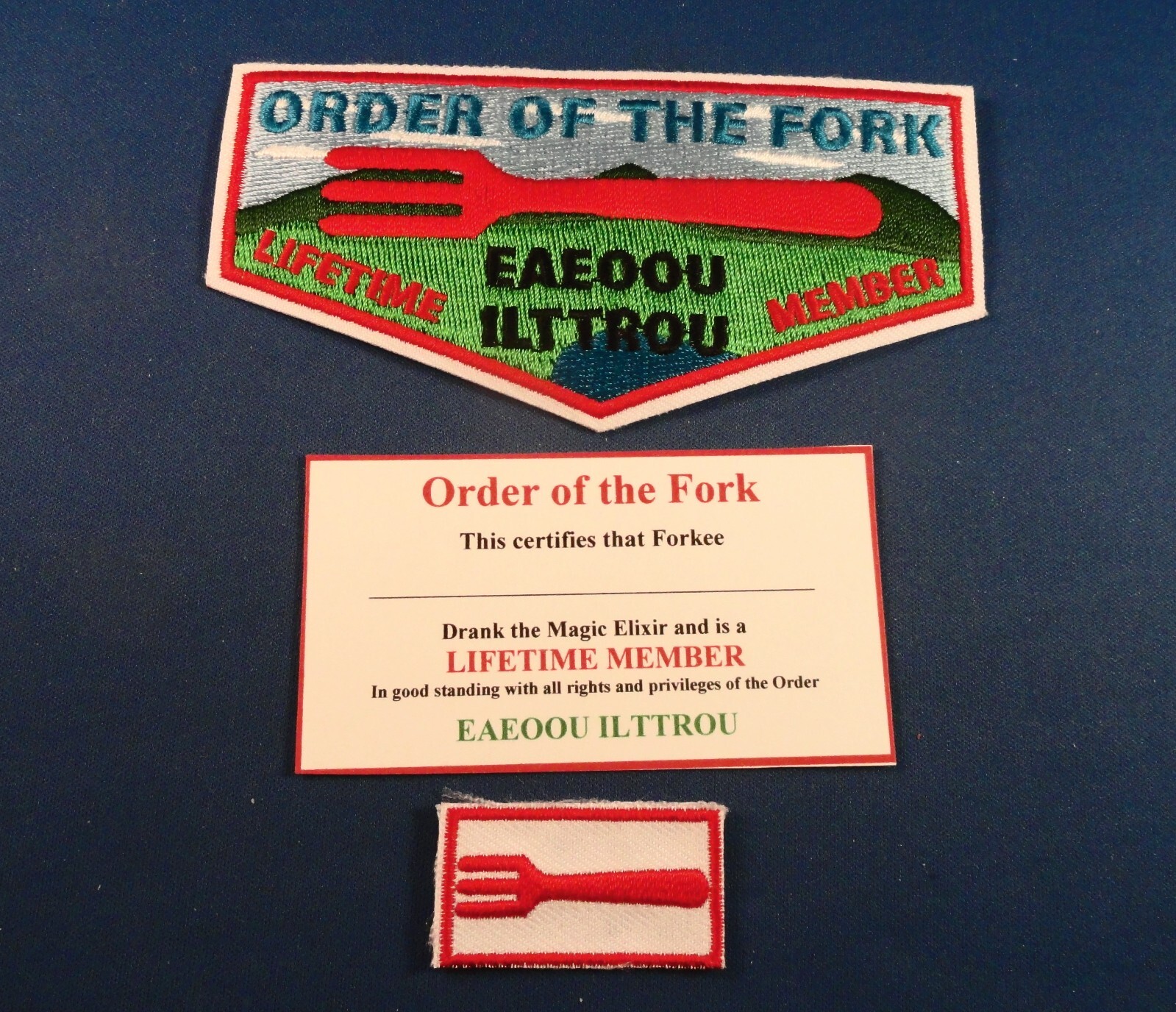 Order of the Fork – LIFETIME MEMBER – Flap; Knot; & Membership Card