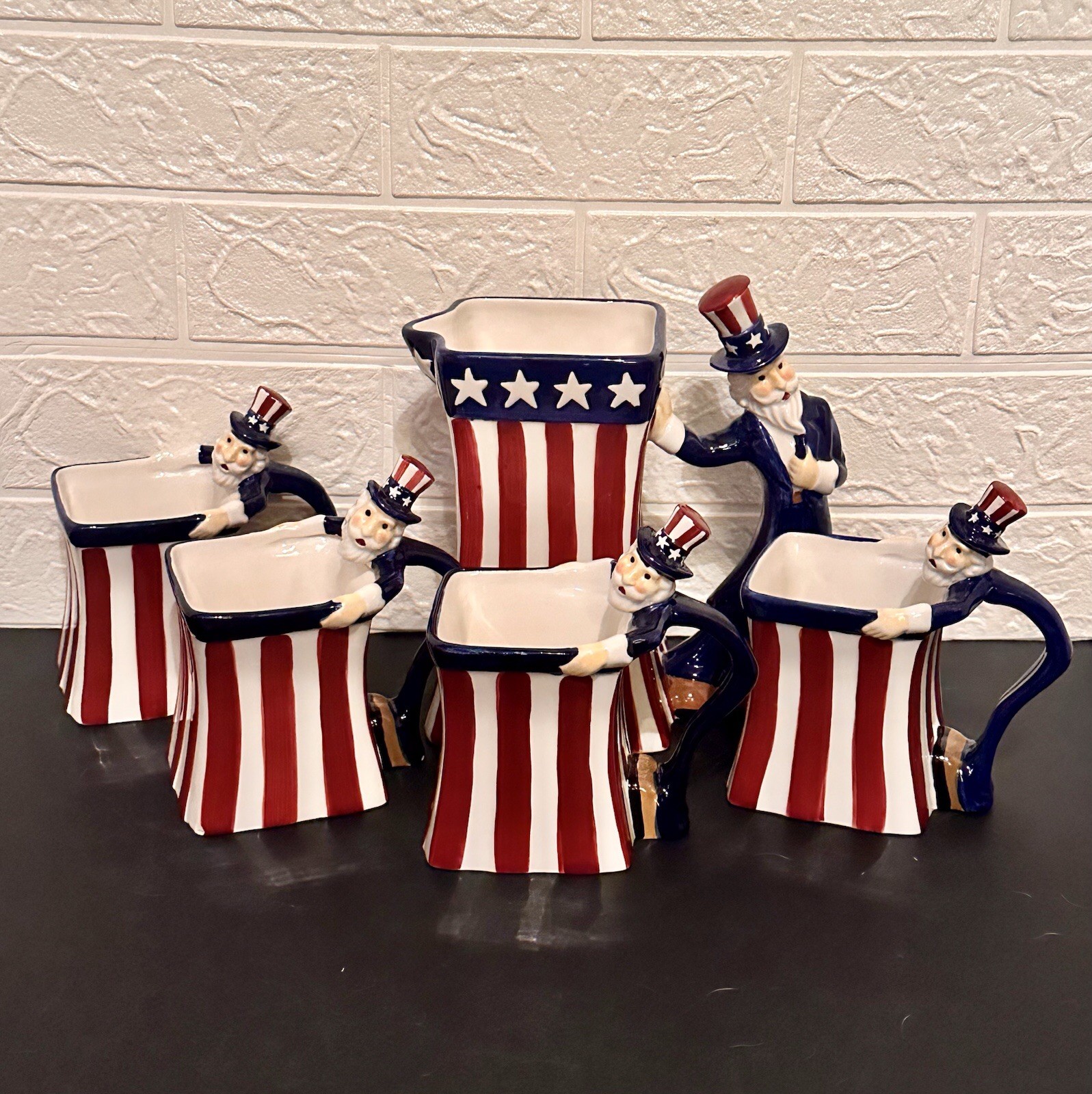 Vtg Uncle Sam 3D Patriotic Americana 4th of July Pitcher And Mug Set