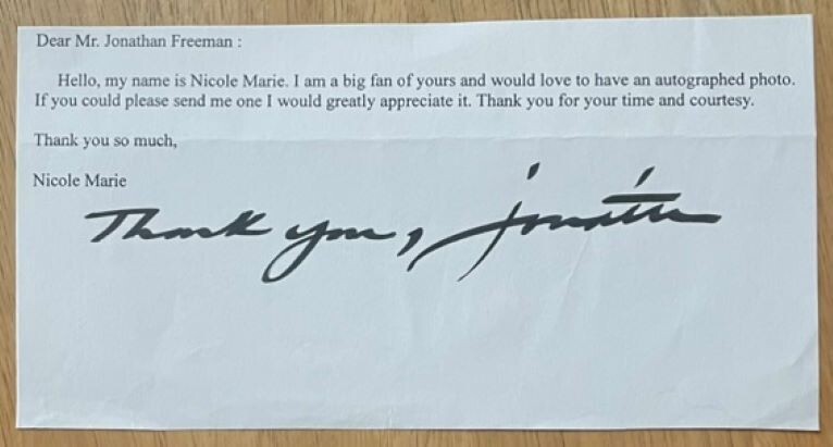 JONATHAN FREEMAN, 100% AUTHENTIC AUTOGRAPHED LETTER, ACTOR, WOW !