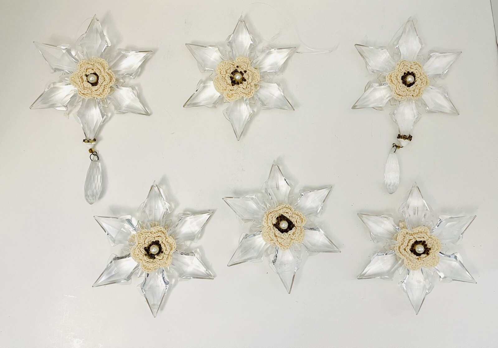 Christmas Clear Plastic Snowflakes Crochet Multi Faceted Lot Of 6 Ornaments 4.9”