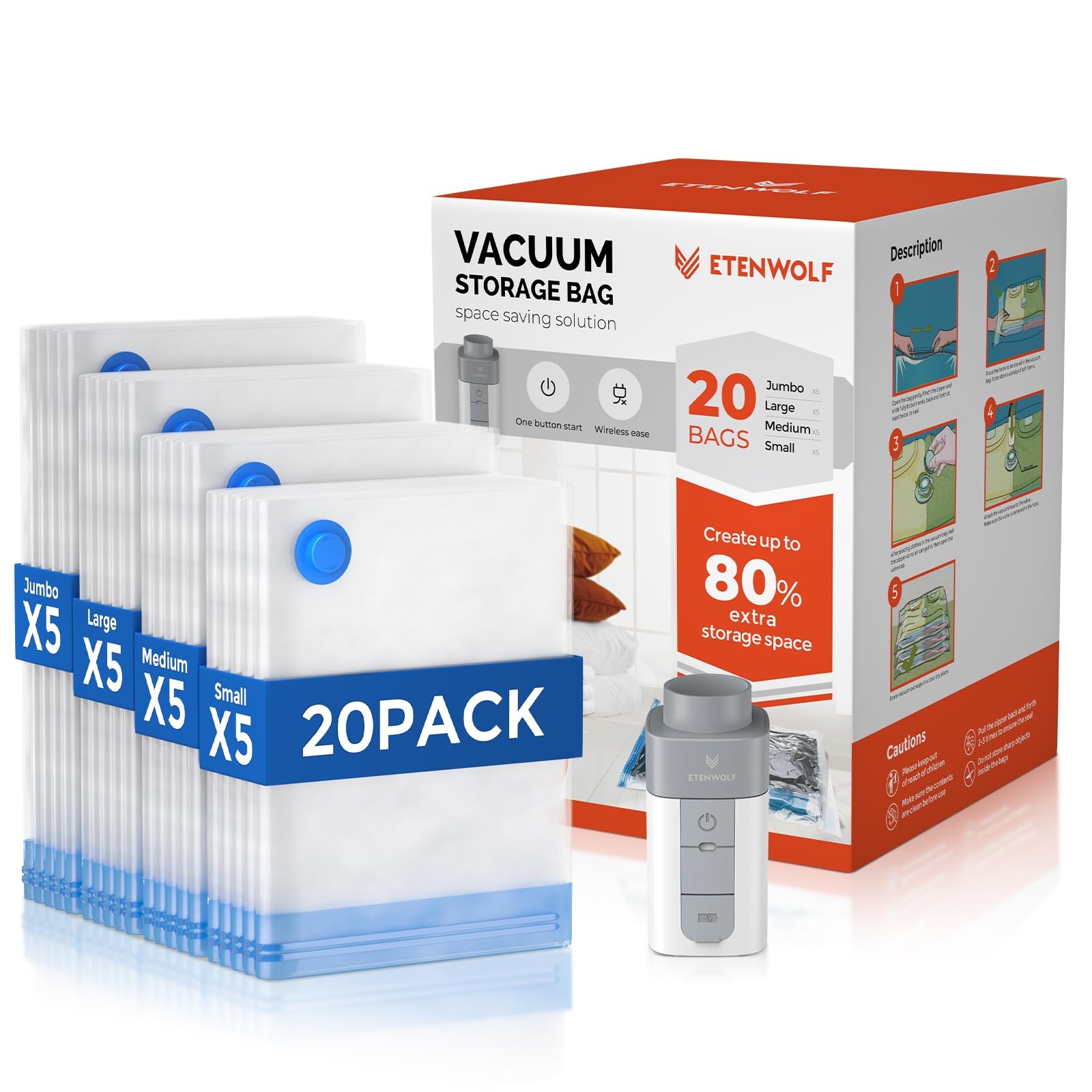 Etenwolf 20 Pack Vacuum Storage Bags Rechargeable Wireless Pump Vacuum Seal