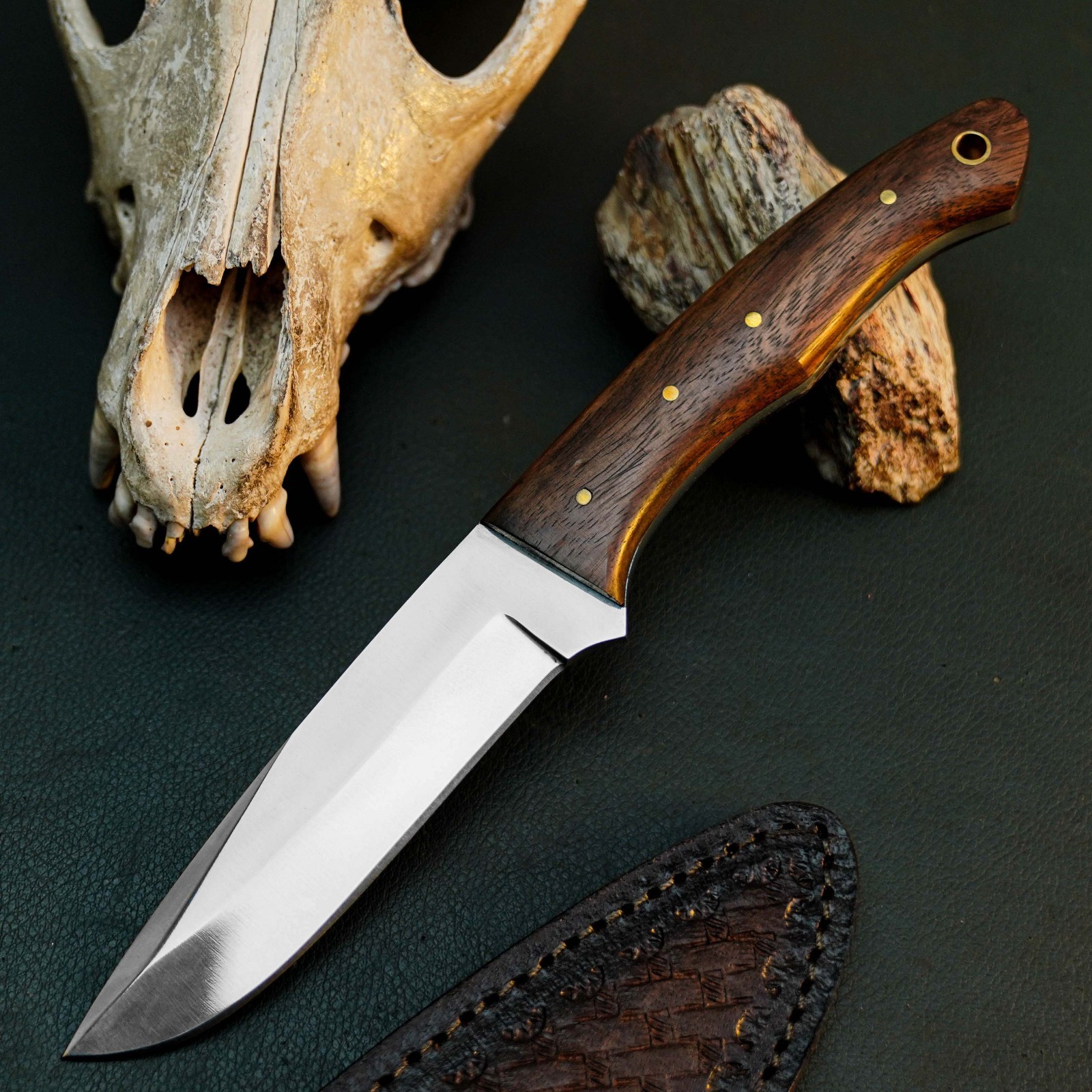 8.7″ Drop Point Skinner Knife Stainless Steel Hunting Blade with Wood Handle