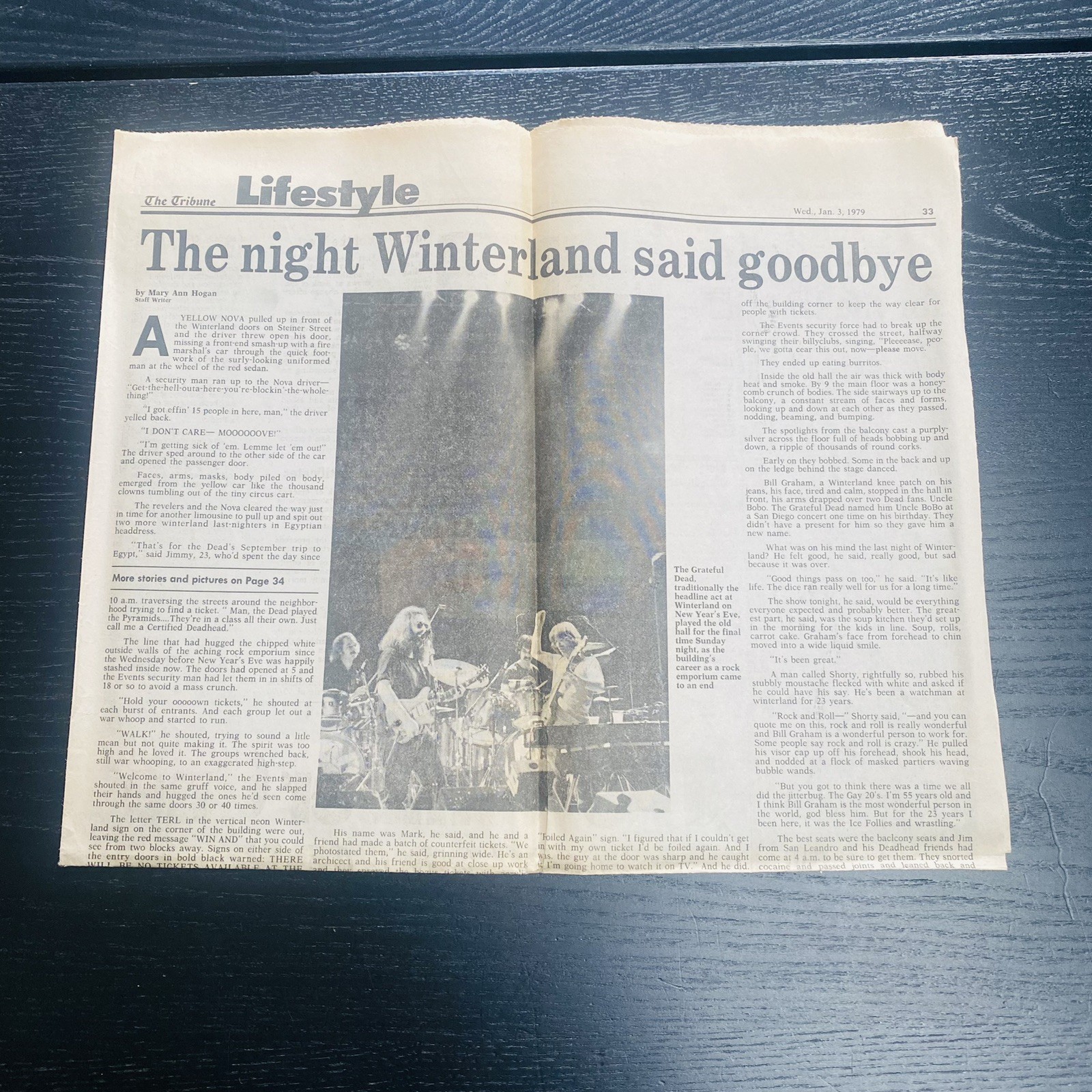 Grateful Dead WINTERLAND Last Show Newspaper Jan 1979 Tribune Vtg
