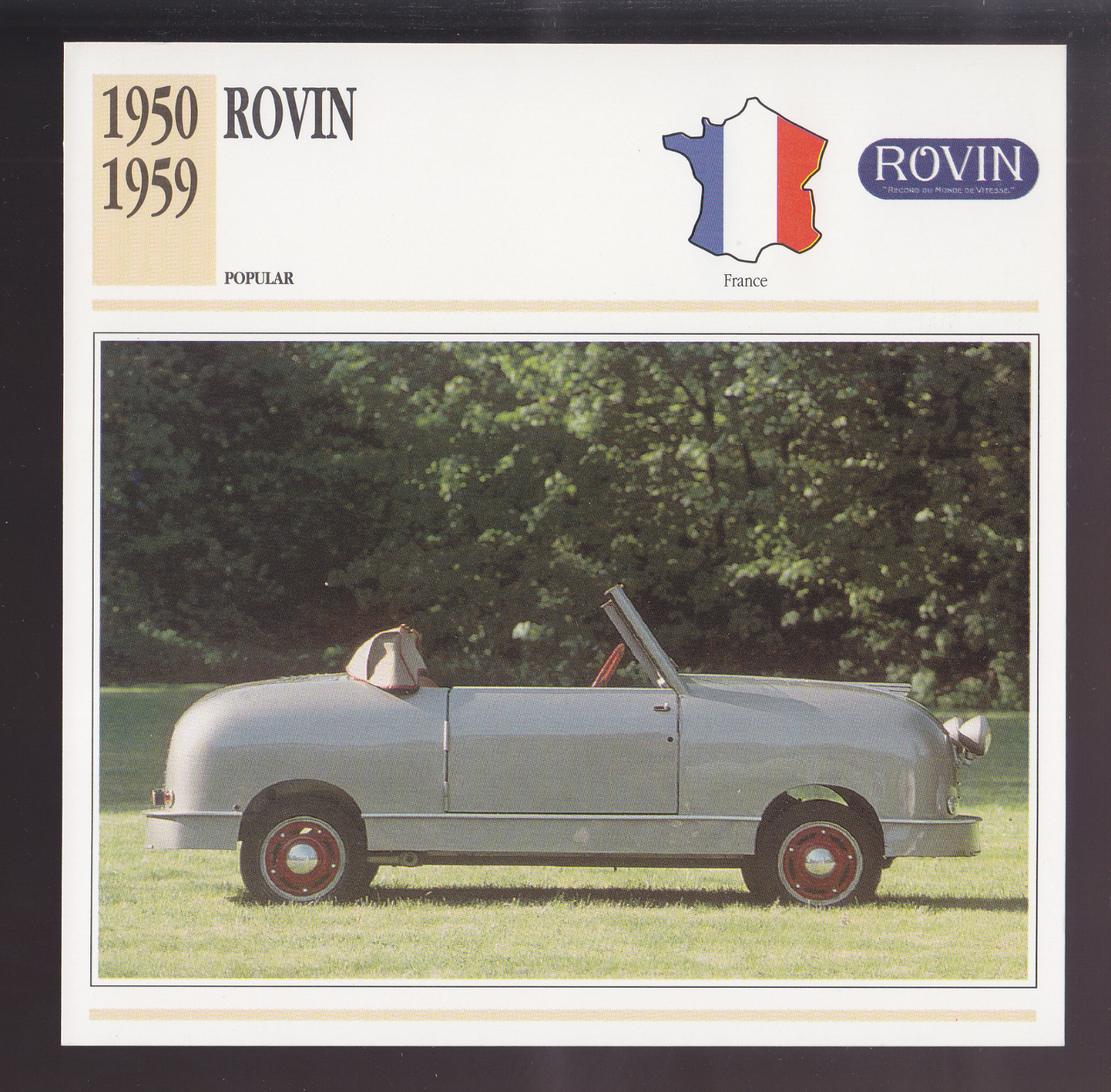 1950-1959 Rovin 425cc Small Micro Mini France Car Photo Spec Sheet Info CARD