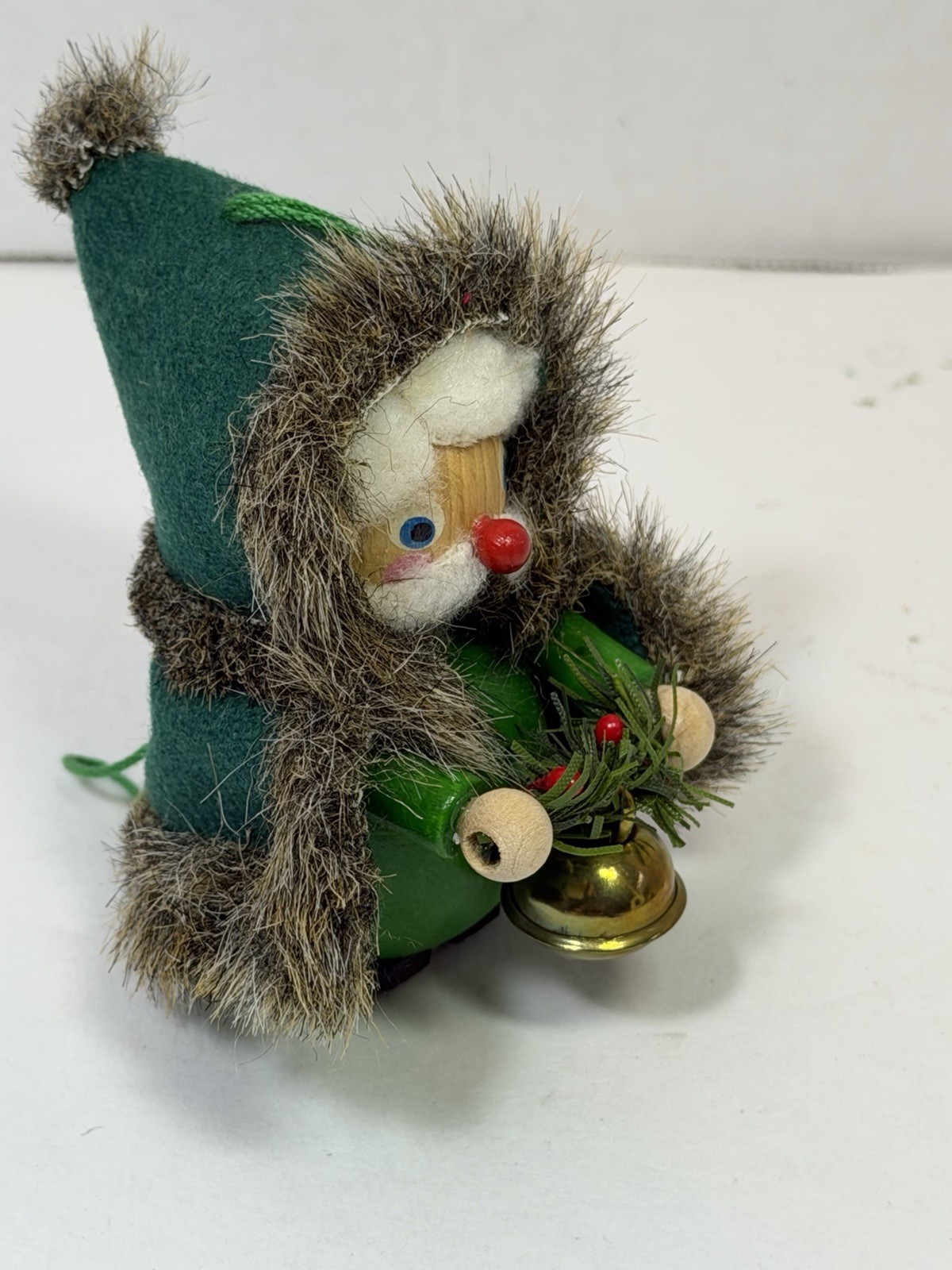 Vintage Steinbach Irish Santa Ornament Germany Wood Fur Hood Bell Tag Garland